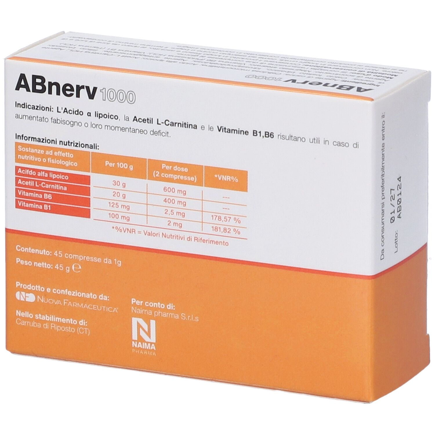 Scatola "ABnerv 1000" con 45 compresse. Tabella nutrizionale visibile. Arancione e bianco.