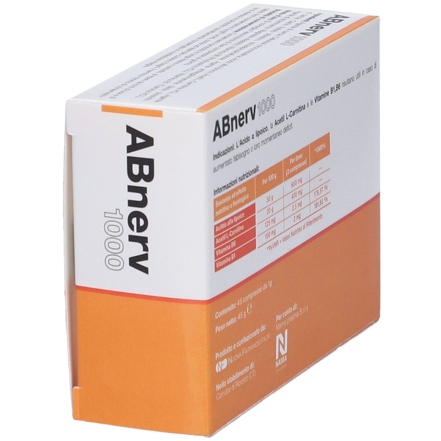 Scatola "ABnerv 1000" con 45 compresse. Testo: Acido a lipoico, Acetil L-Carnitina, Vitamina B6 e B1. Arancione e bianco.