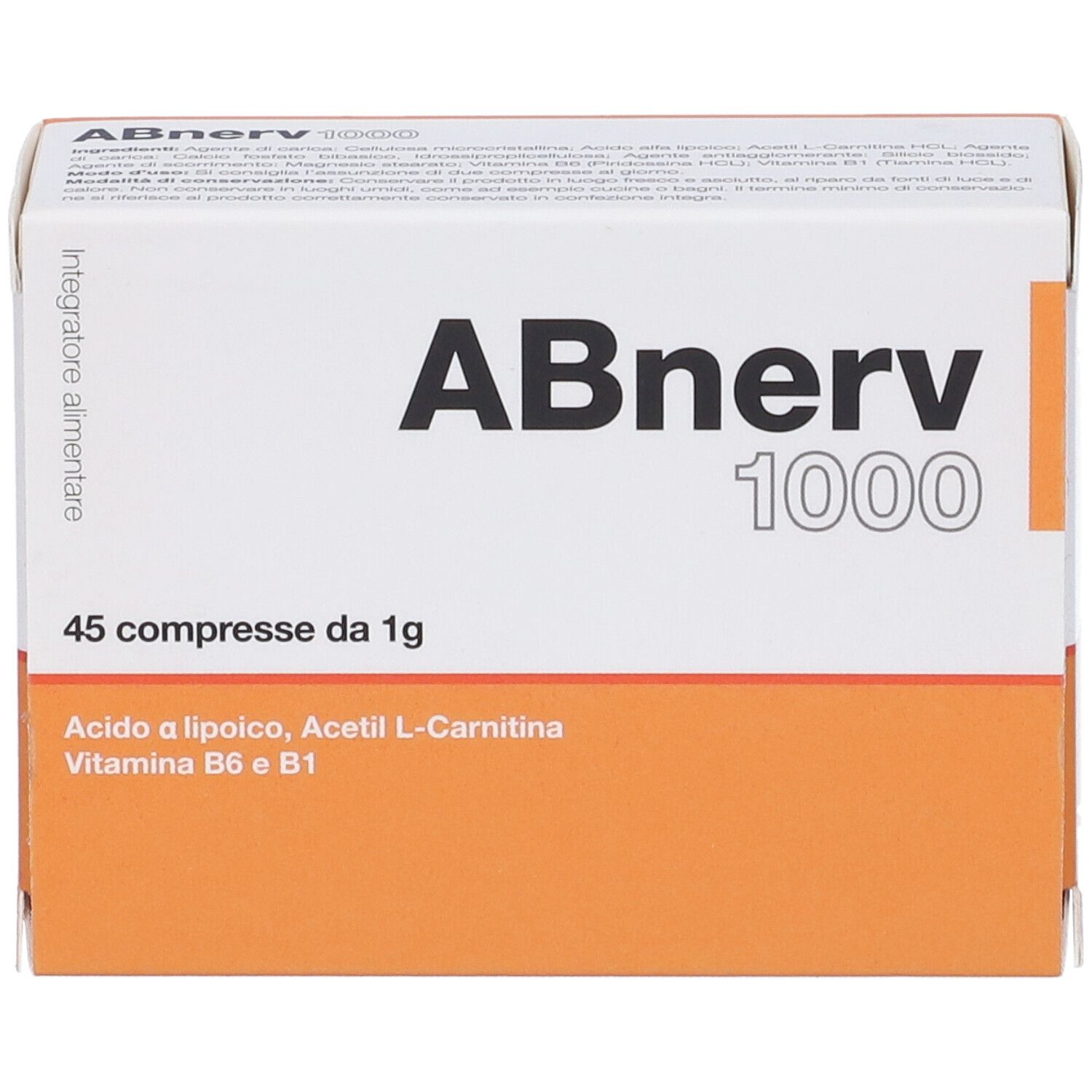 Scatola "ABnerv 1000" con 45 compresse. Ingredienti: Acido a lipoico, Acetil L-Carnitina, Vitamina B6 e B1. Arancione e bianco.