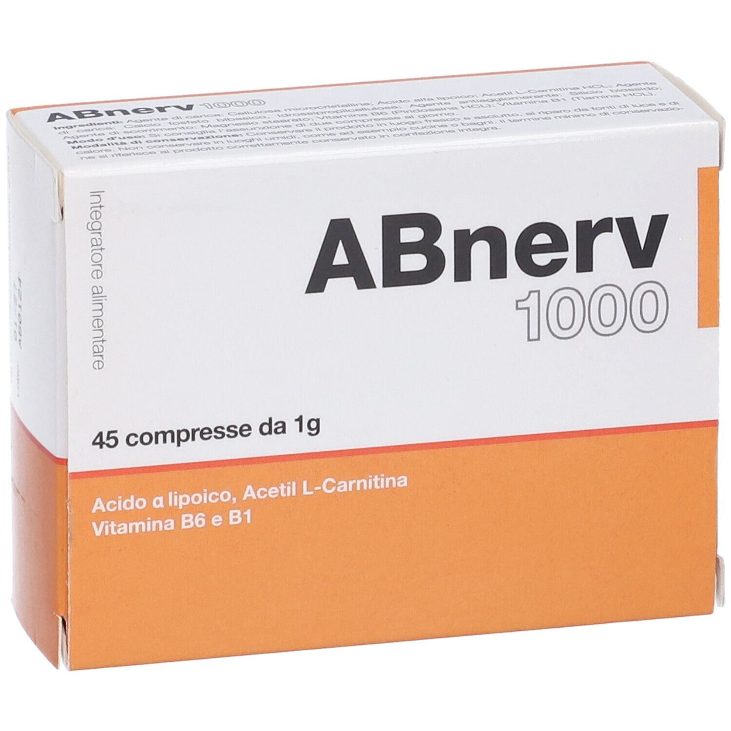 Scatola "ABnerv 1000" con 45 compresse. Ingredienti: Acido a lipoico, Acetil L-Carnitina, Vitamina B6 e B1. Arancione e bianco.