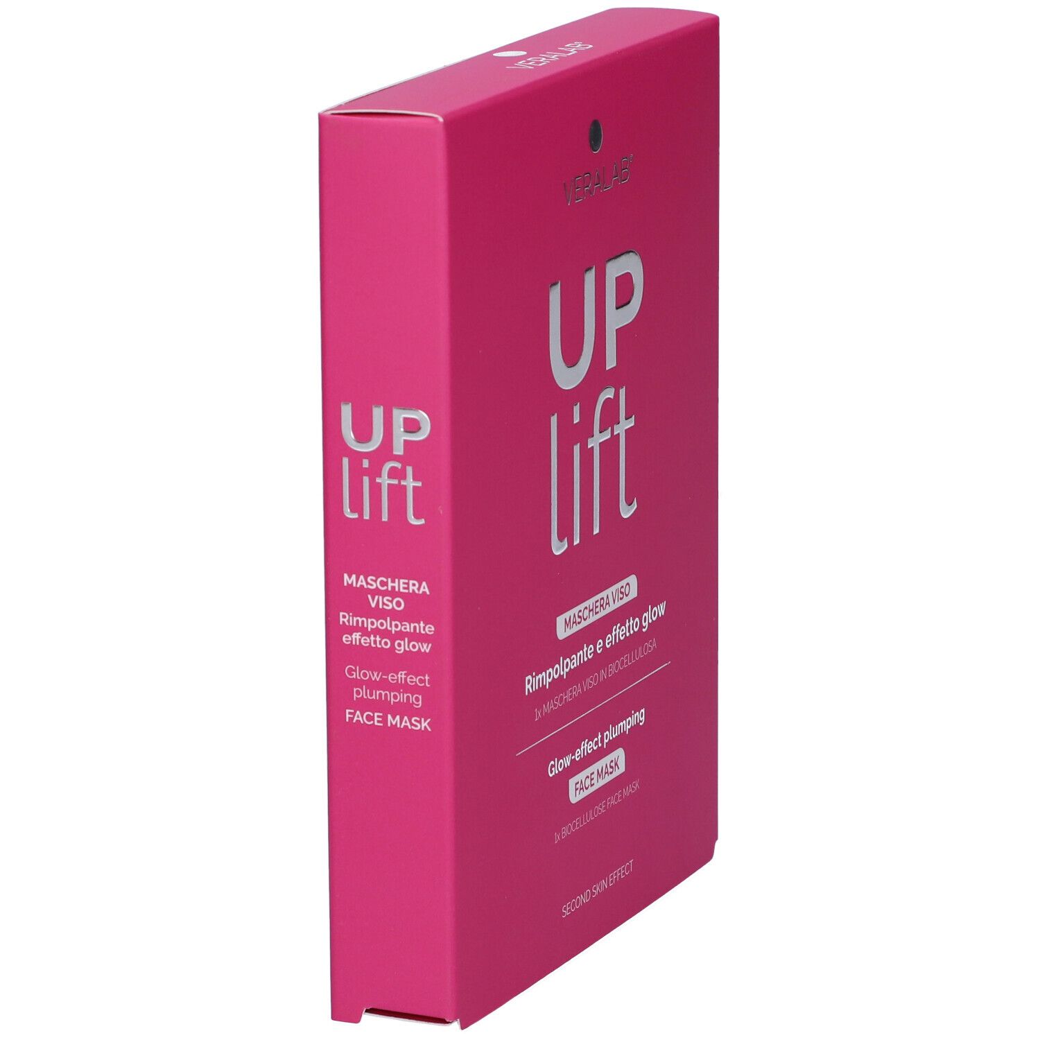 Confezione rosa, vista laterale. Nome prodotto "UP lift". Testo: "MASCHERA VISO", "Glow-effect plumping FACE MASK".