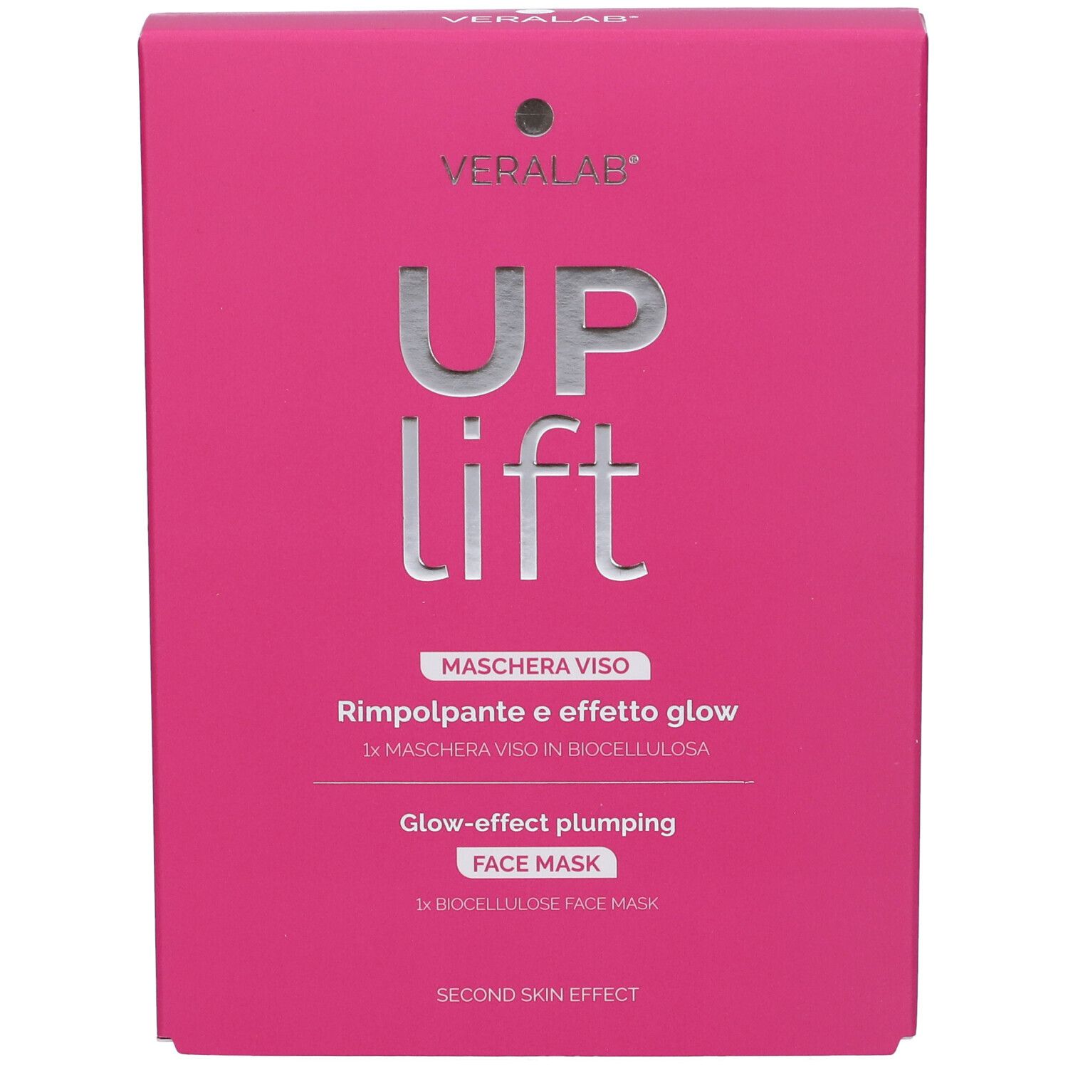 Confezione rosa con "UP lift". Testo: "MASCHERA VISO", "Glow-effect plumping FACE MASK". Marchio VERALAB.