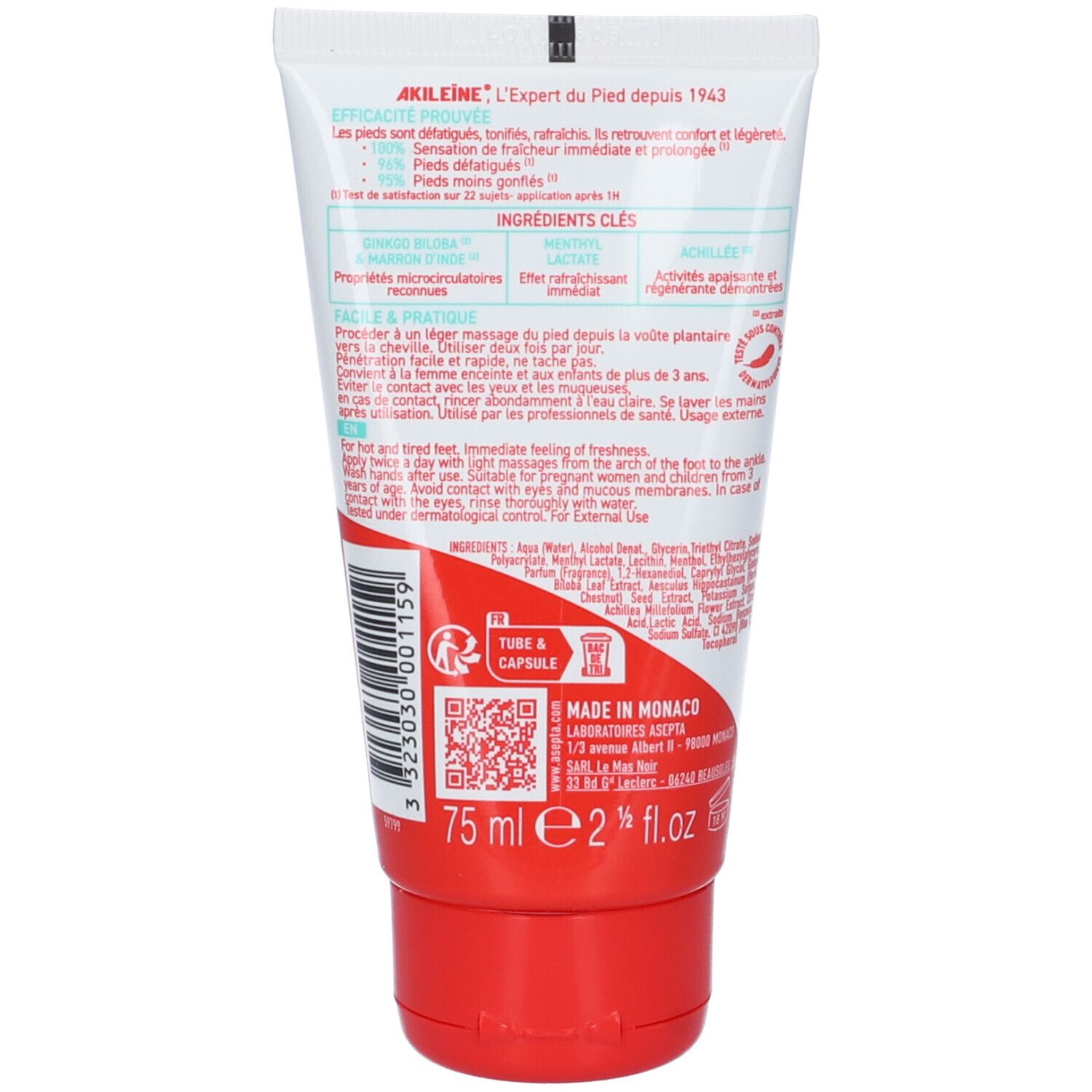 Retro del tubo. Testo: Akileine, ingredienti, istruzioni per l'uso. Volume: 75 ml. Prodotto a Monaco.