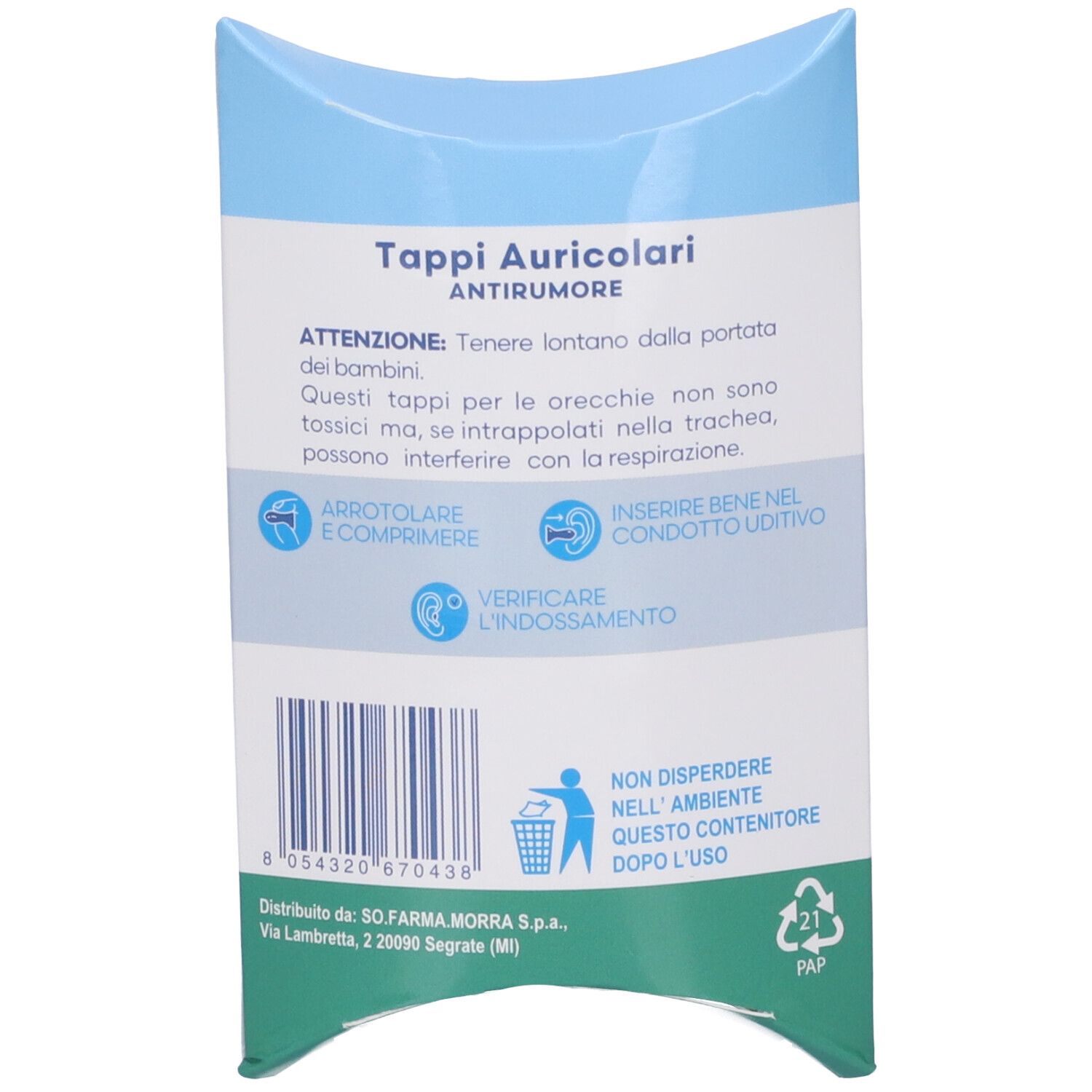Retro della confezione con testo: Tappi Auricolari Antirumore. Avvertenze e pittogrammi. Simbolo di riciclo.