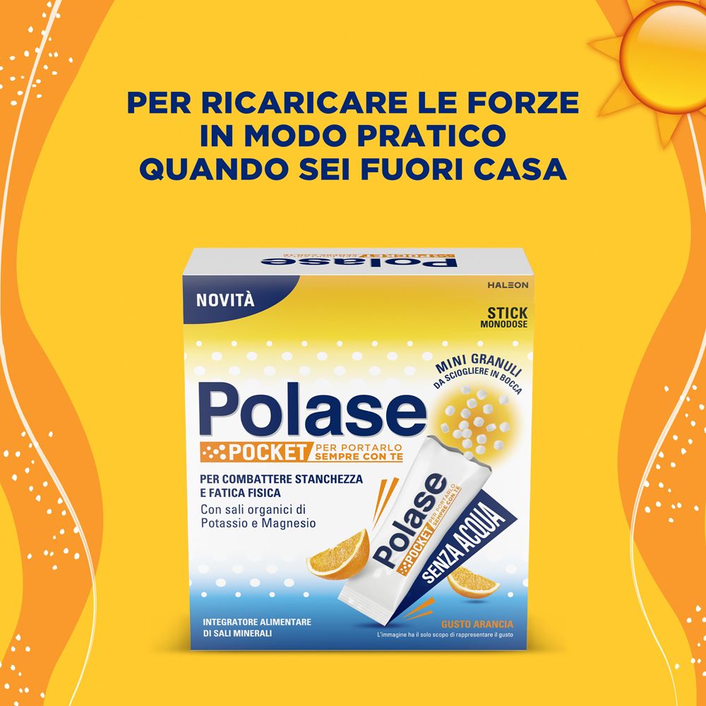Sfondo giallo-arancio con testo: « Polase Pocket ». Mini granuli orosolubili. Senza acqua, gusto arancia.