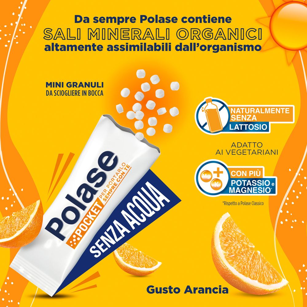 Sfondo giallo-arancio. Testo: « Polase Pocket ». Mini granuli orosolubili. Senza lattosio, adatto ai vegetariani.