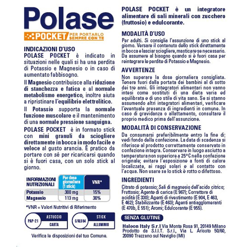 Testo e informazioni su Polase Pocket. Ingredienti, uso, avvertenze. Tabella dei valori nutrizionali.
