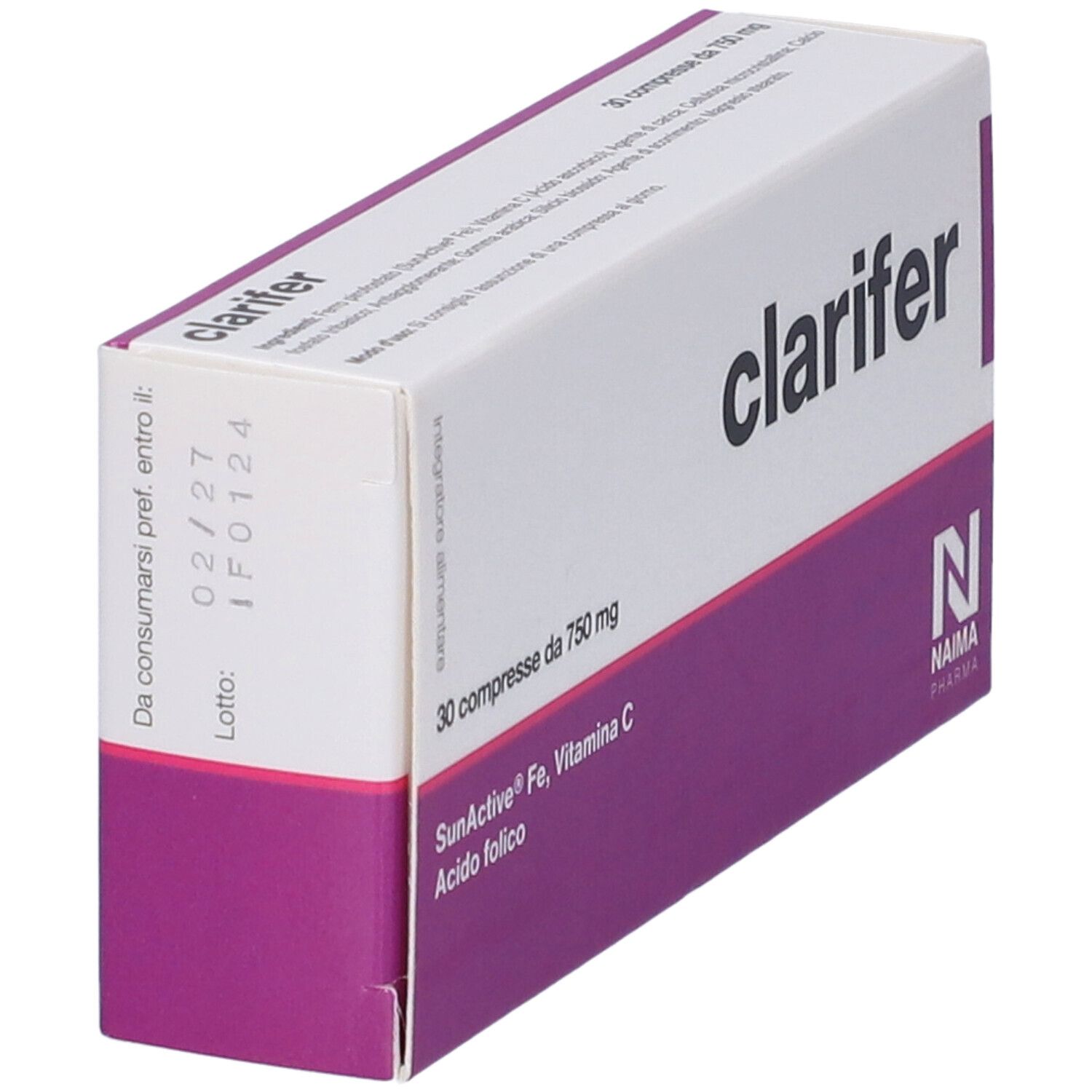 Scatola "Clarifer" in prospettiva. Contiene 30 compresse. Confezione bianca e viola con nome del prodotto e ingredienti.