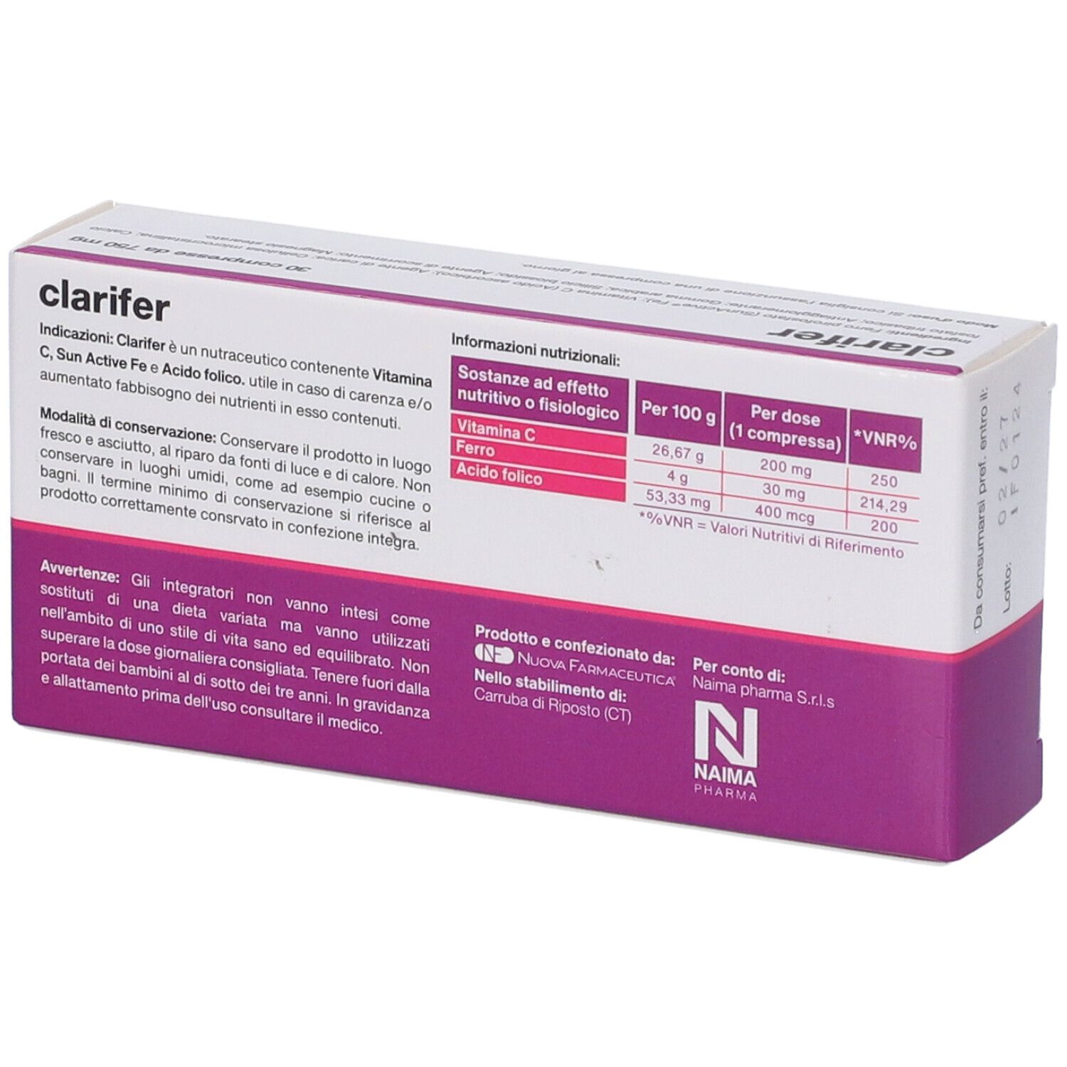 Retro della scatola "Clarifer". Contiene informazioni sugli ingredienti e i valori nutrizionali. Confezione bianca e viola.
