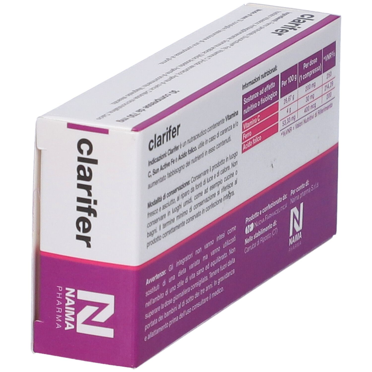 Scatola "Clarifer" in prospettiva. Contiene informazioni sugli ingredienti e i valori nutrizionali. Confezione bianca e viola.