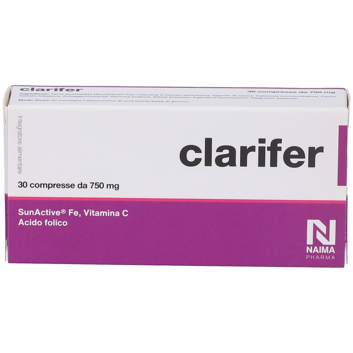 Scatola "Clarifer" con 30 compresse. Confezione bianca e viola con nome del prodotto e ingredienti.