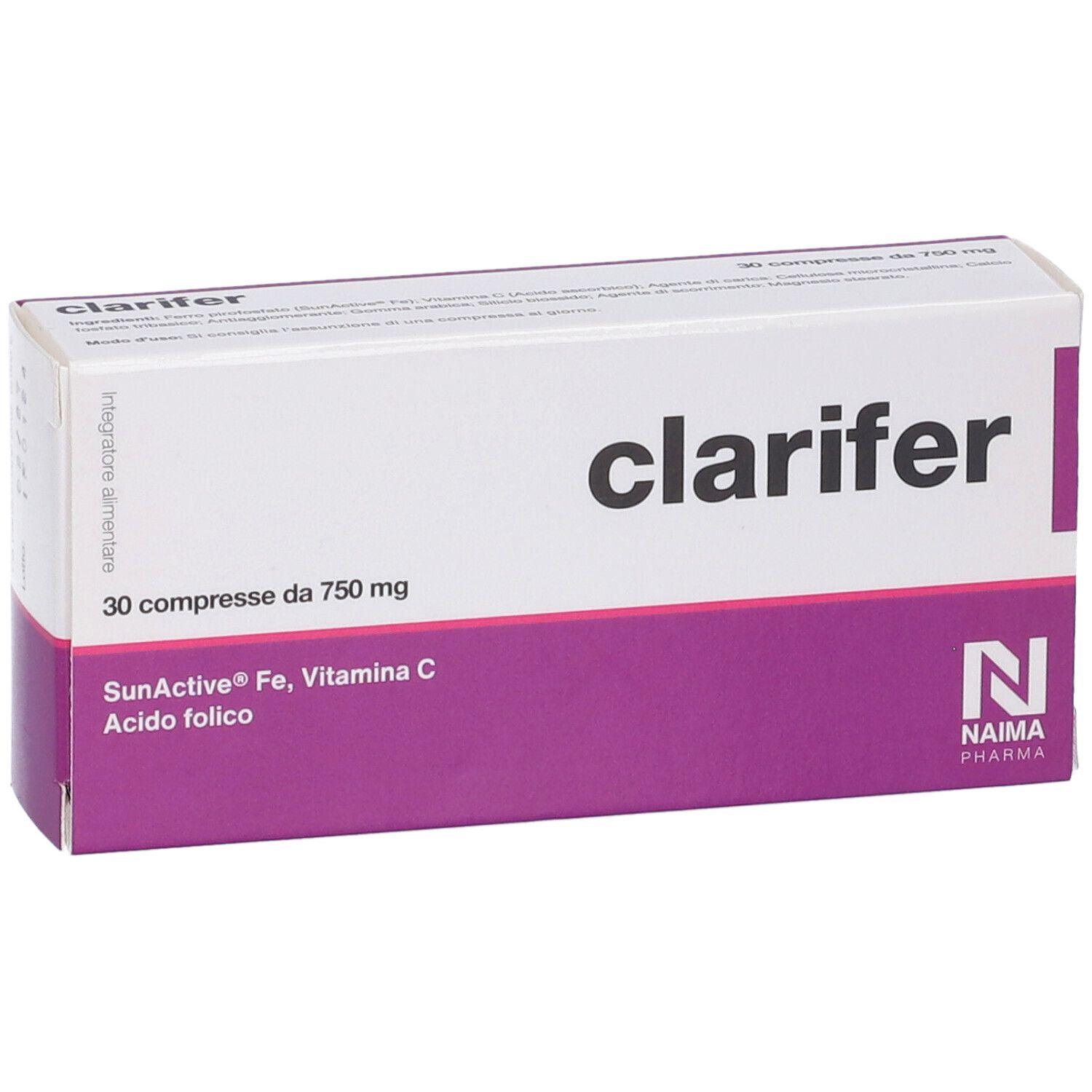 Scatola "Clarifer" con 30 compresse. Confezione bianca e viola con nome del prodotto e ingredienti.
