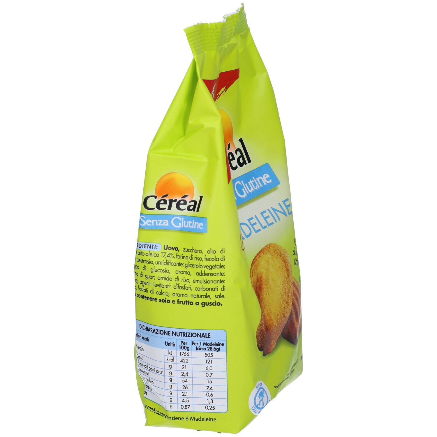Retro di una confezione Céréal Madeleine Senza Glutine con tabella nutrizionale e lista ingredienti.