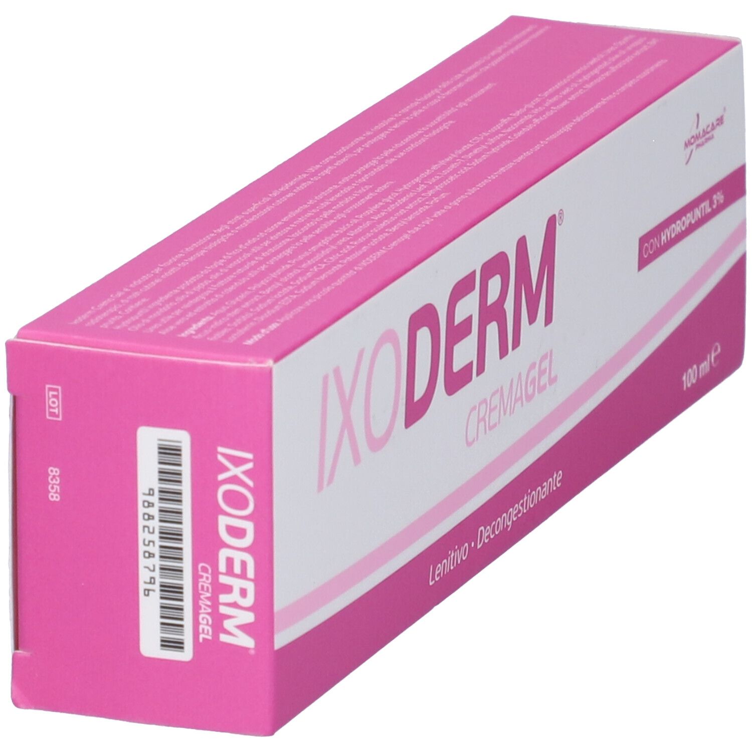 Scatola rosa e bianca "IXODERM CREMAGEL". Codice a barre e testo sul lato. Logo "MOMACARE".