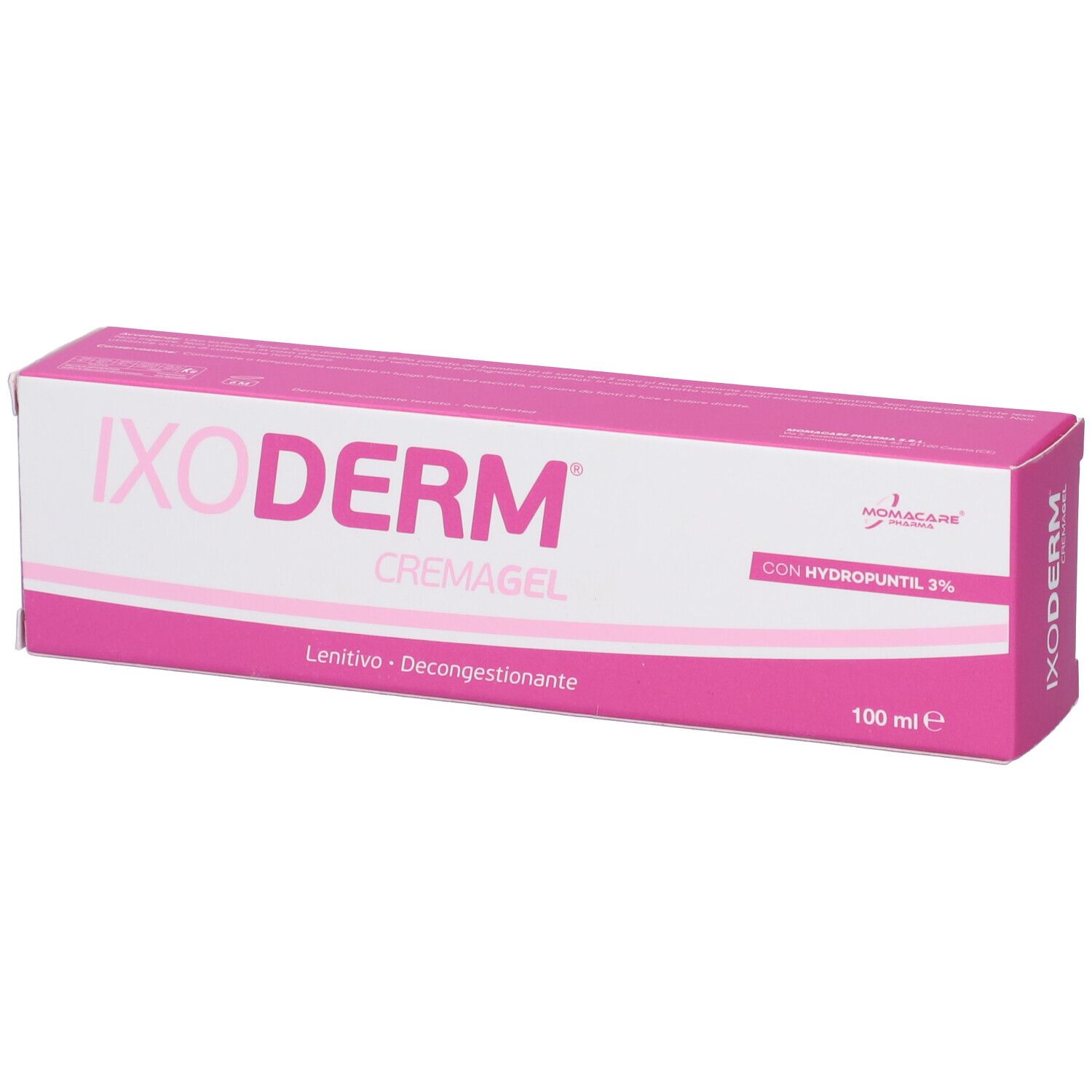 Scatola rosa e bianca "IXODERM CREMAGEL". Testo: "Lenitivo - Decongestionante". Logo "MOMACARE".