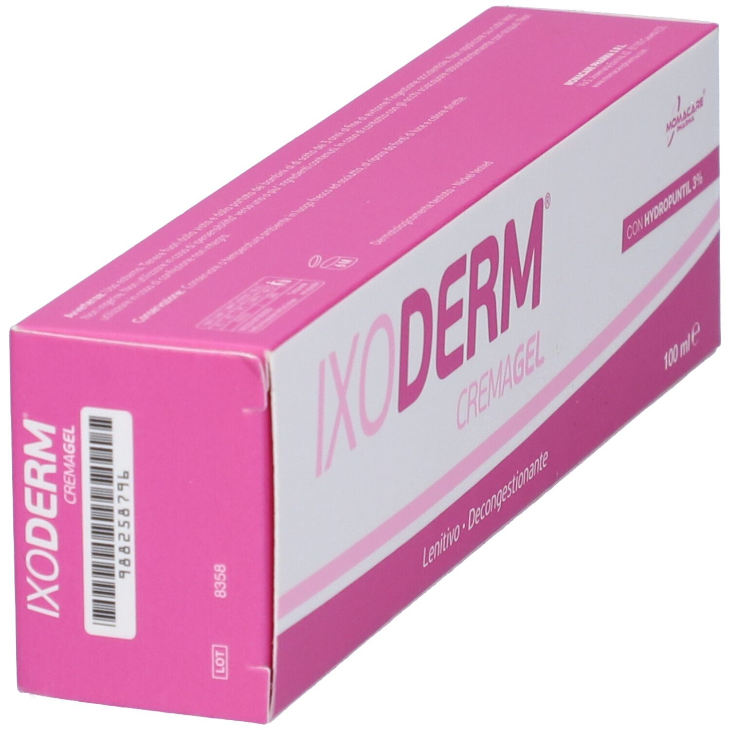 Scatola rosa e bianca "IXODERM CREMAGEL". Codice a barre e testo sul lato. Logo "MOMACARE".
