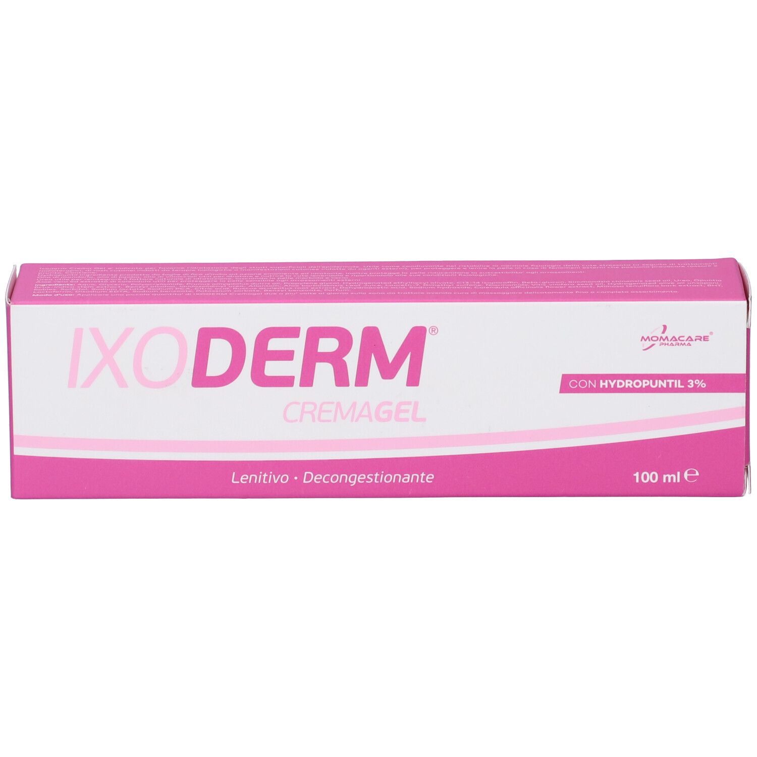 Scatola rosa e bianca "IXODERM CREMAGEL". Testo: "Lenitivo - Decongestionante". Logo "MOMACARE".