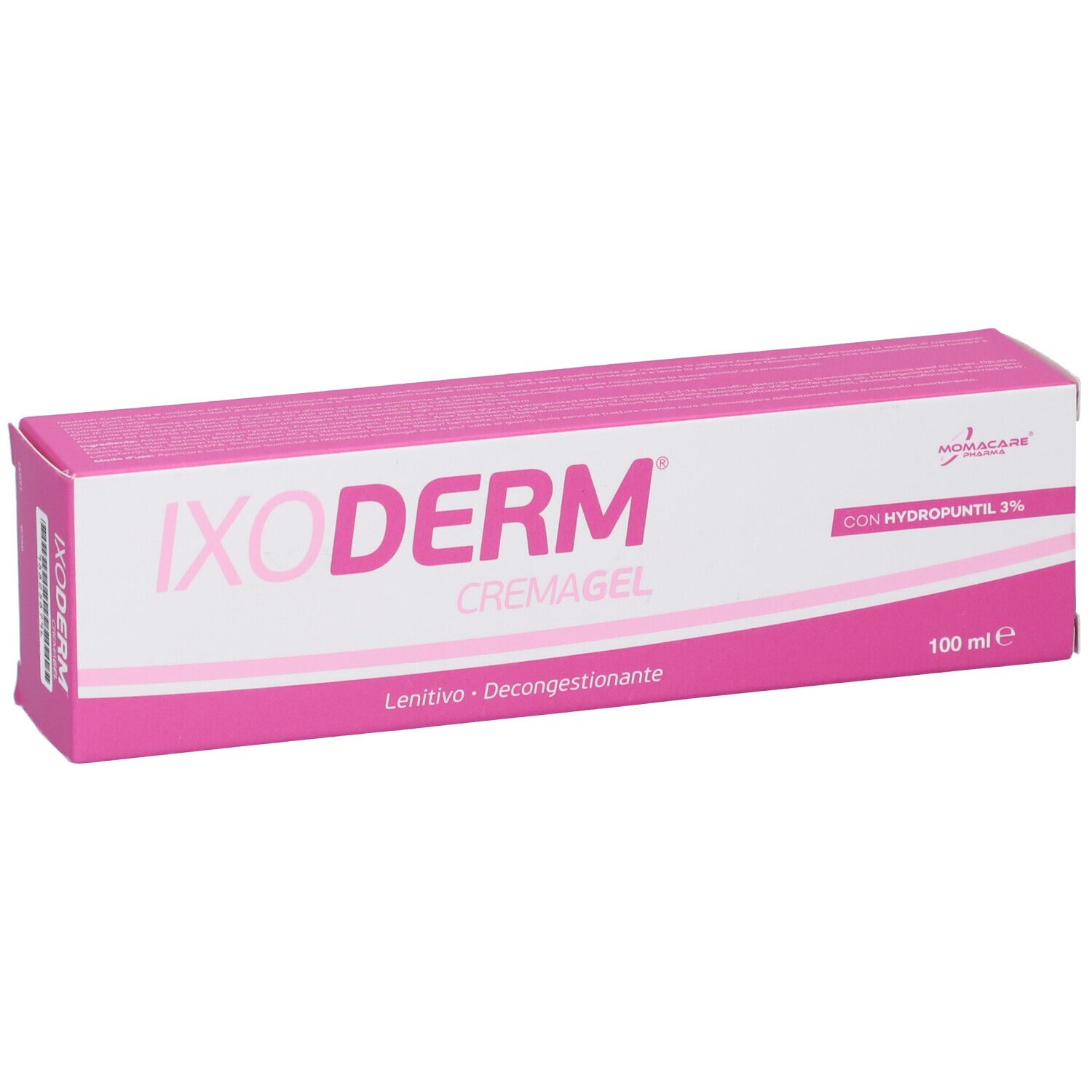 Scatola rosa e bianca "IXODERM CREMAGEL". Logo "MOMACARE". Testo: "Lenitivo - Decongestionante".