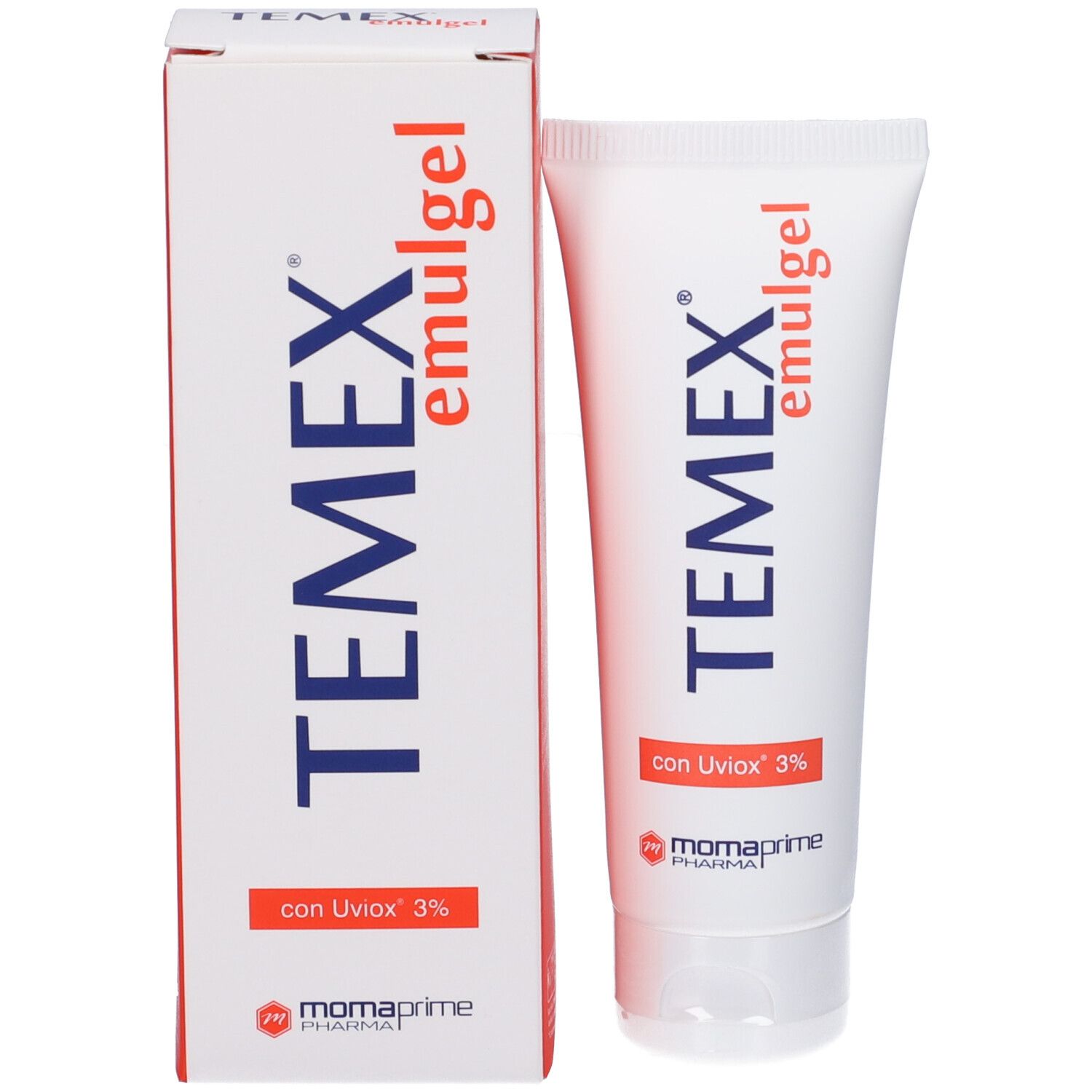 Confezione e tubo. Confezione: bianca con testo rosso e blu. Tubo: bianco con testo blu e rosso. Contiene « TEMEX emulgel ».