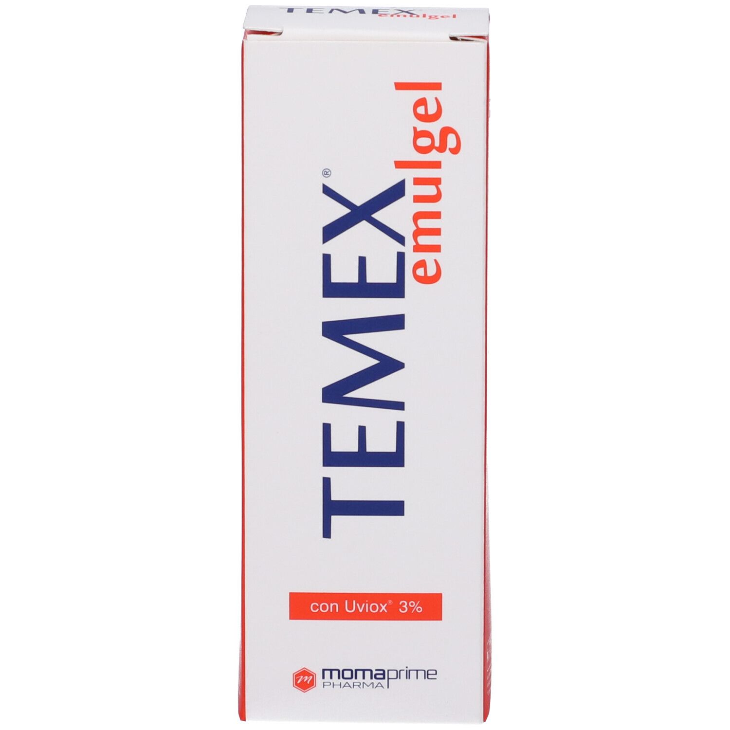 Confezione bianca con testo rosso e blu. Contiene « TEMEX emulgel » e « con Uviox 3% ». Marchio: momaprime pharma.
