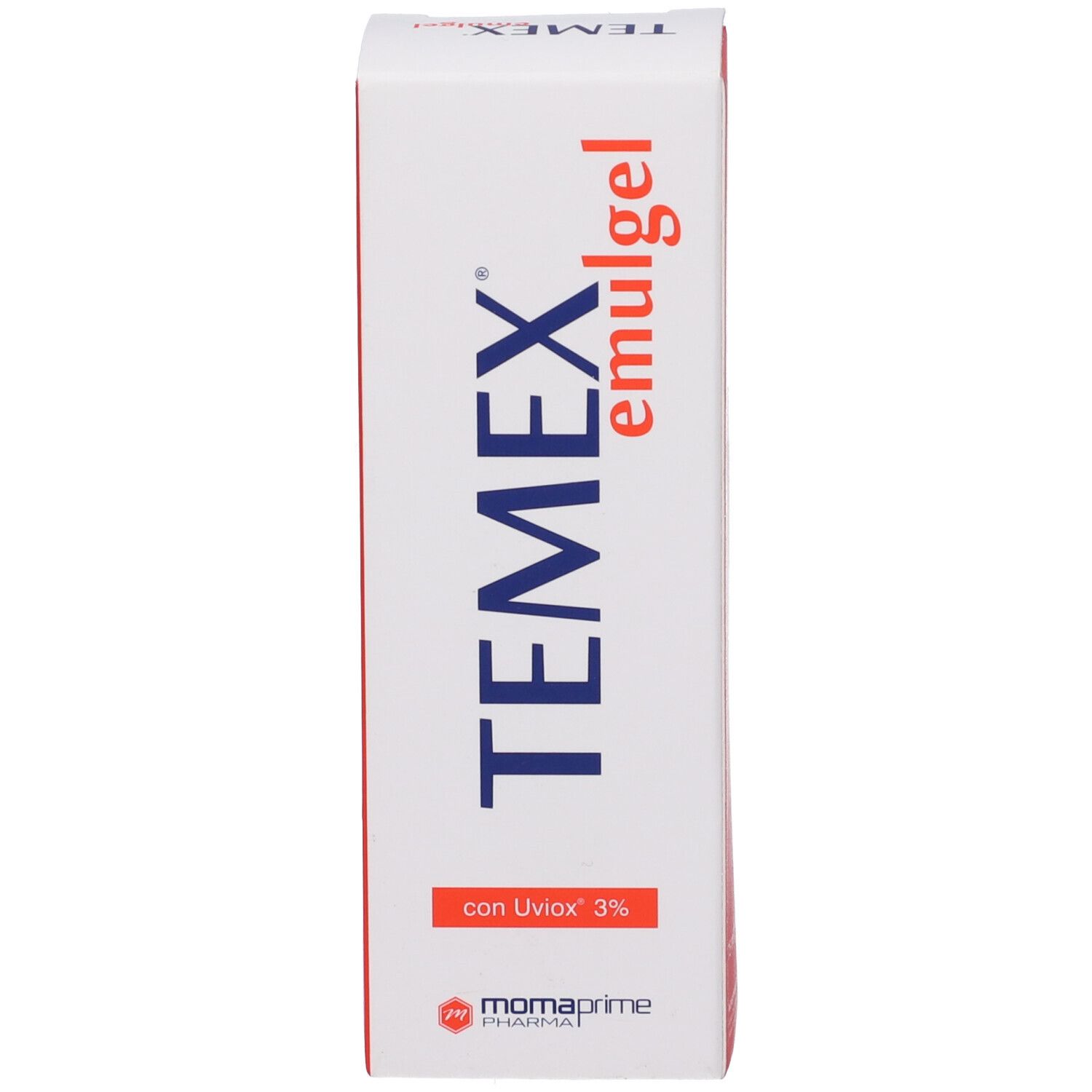 Confezione, lato sinistro. Contiene « TEMEX emulgel » e « con Uviox 3% ». Marchio: momaprime pharma.