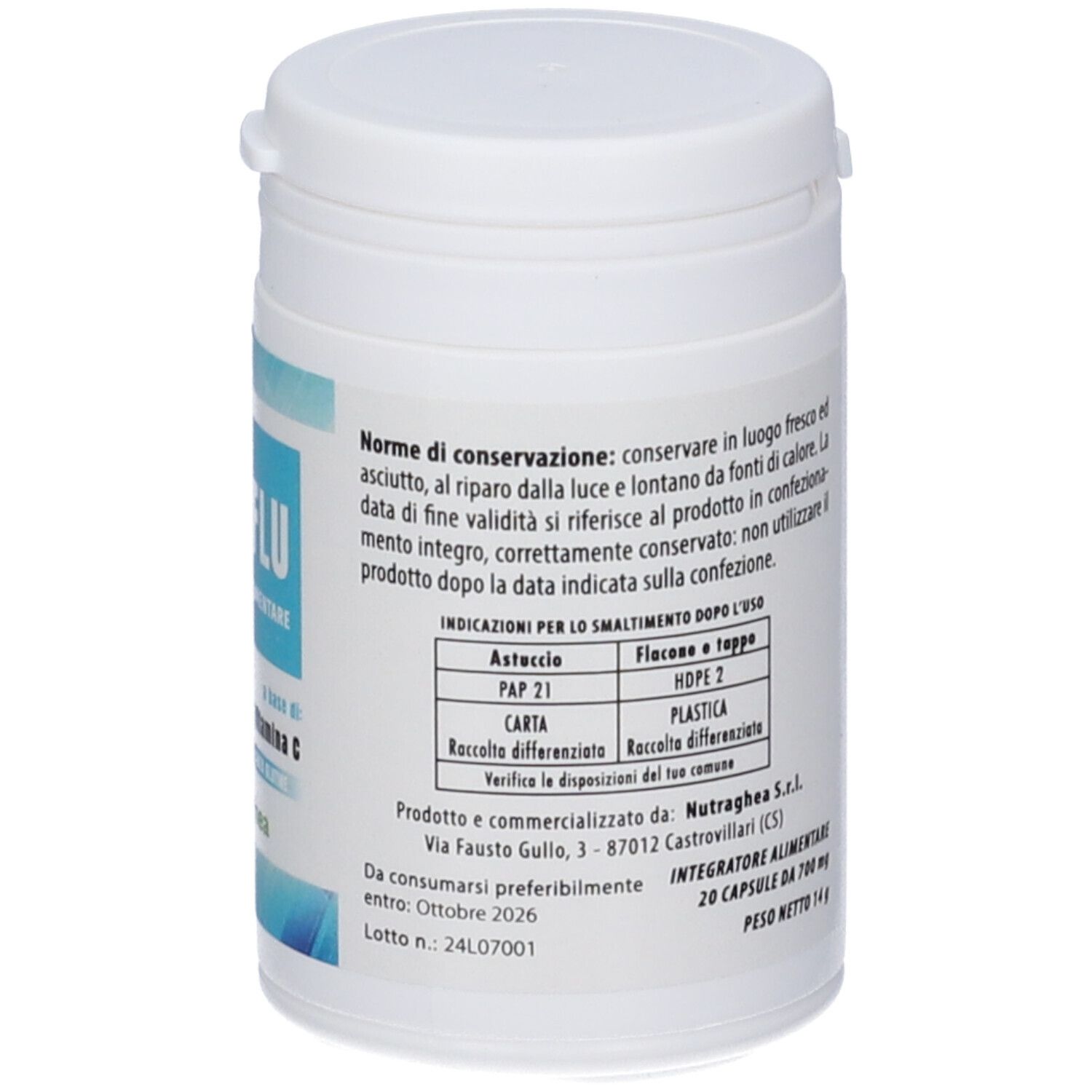 Barattolo bianco con testo. Contiene informazioni su ingredienti, uso e avvertenze. Marchio: Nutraghea.