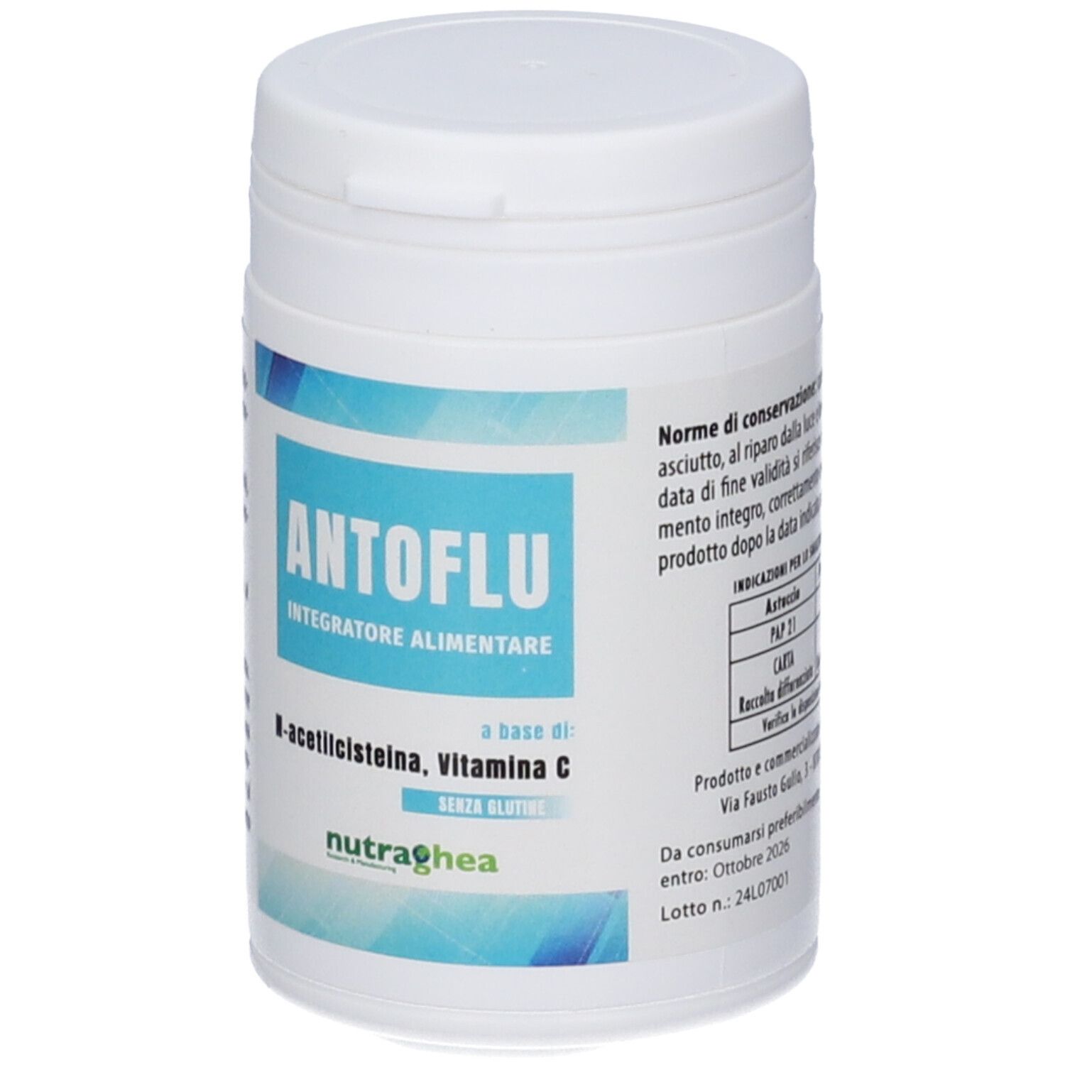 Barattolo bianco con etichetta blu. Scritta: ANTOFLU, integratore alimentare. Contiene N-acetilcisteina, vitamina C. Marchio: Nutraghea.