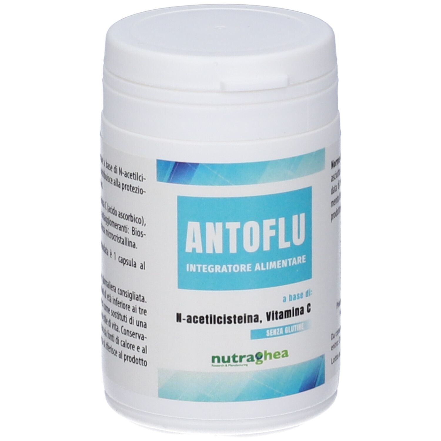 Barattolo bianco con etichetta blu. Scritta: ANTOFLU, integratore alimentare. Contiene N-acetilcisteina, vitamina C. Marchio: Nutraghea.