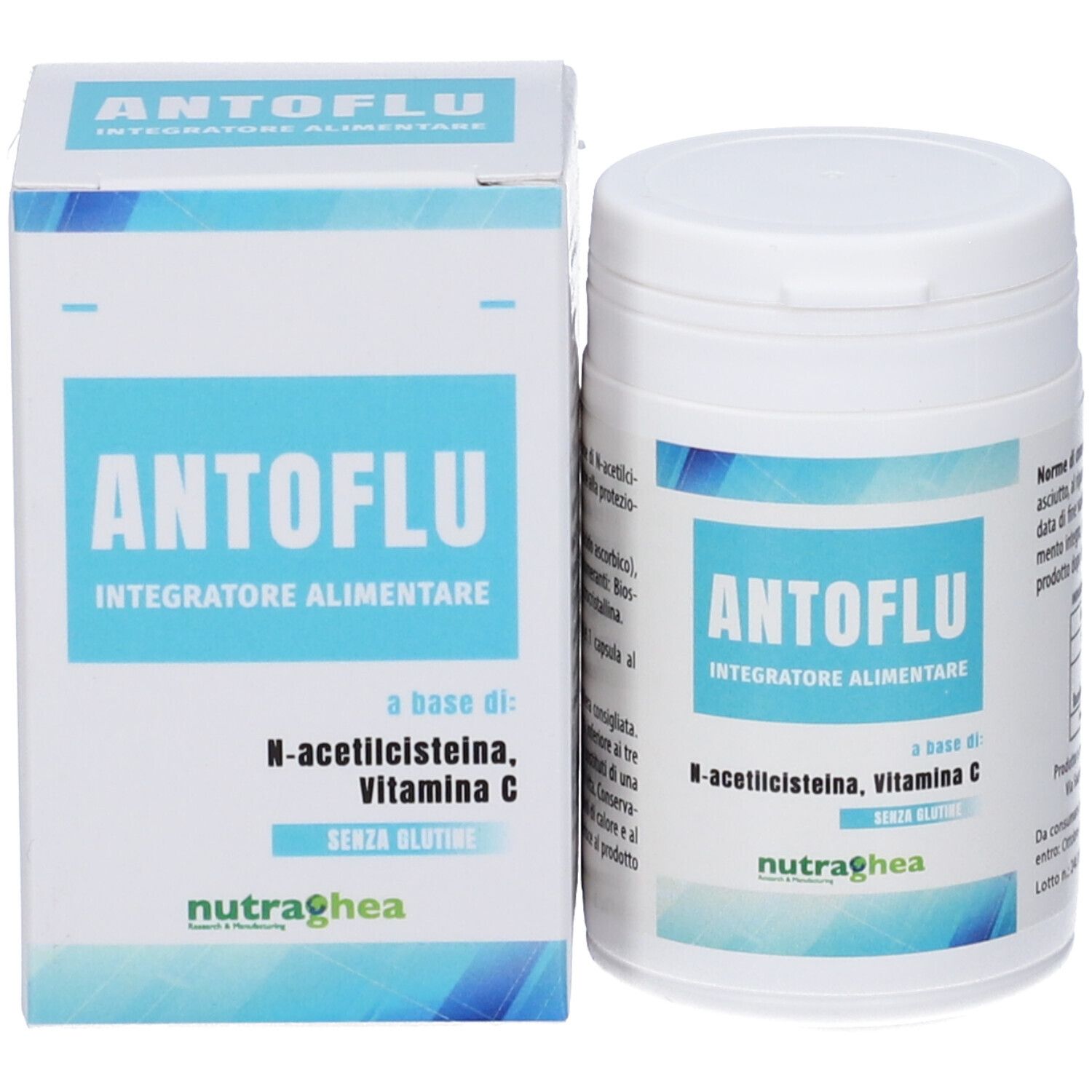 Confezione del prodotto: barattolo e scatola. Scritta: ANTOFLU, integratore alimentare. Contiene N-acetilcisteina, vitamina C. Marchio: Nutraghea.