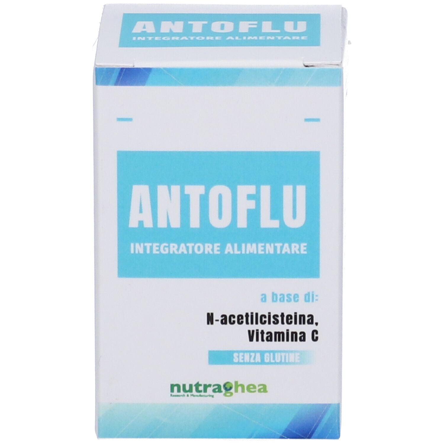 Confezione del prodotto: scatola. Scritta: ANTOFLU, integratore alimentare. Contiene N-acetilcisteina, vitamina C. Marchio: Nutraghea.