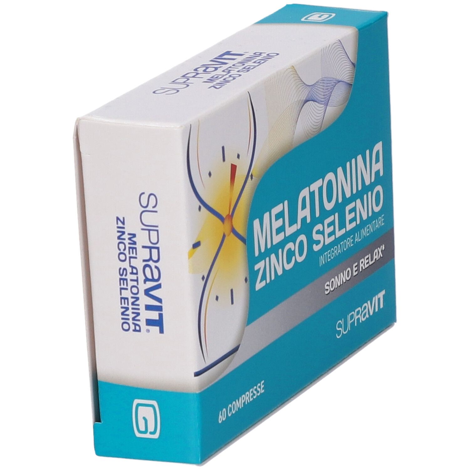 Scatola SUPRAVIT MELATONINA ZINCO SELENIO. Colori blu e bianco. 60 compresse. Testo: SONNO E RELAX. Logo.