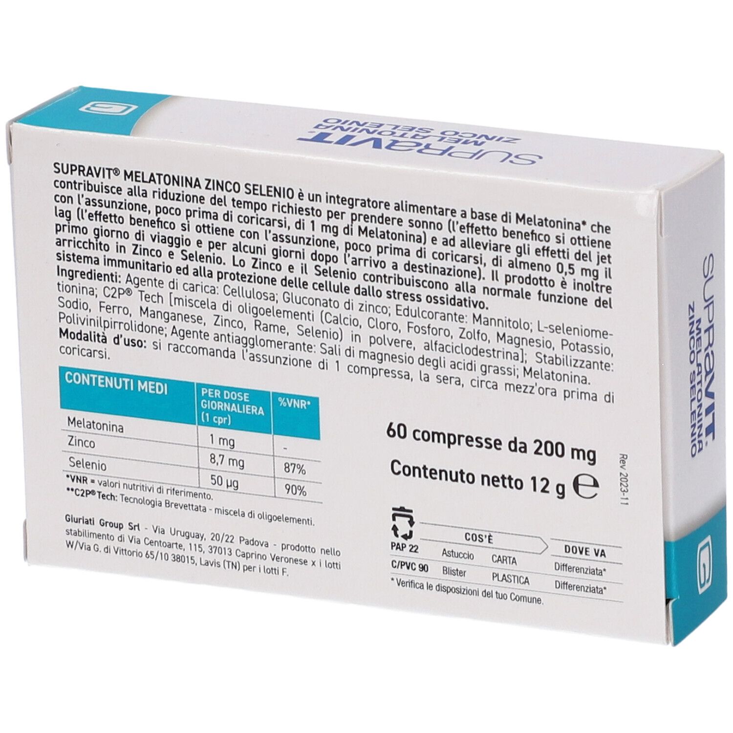 Retro della scatola SUPRAVIT MELATONINA ZINCO SELENIO. Testo con ingredienti e informazioni nutrizionali. 60 compresse.
