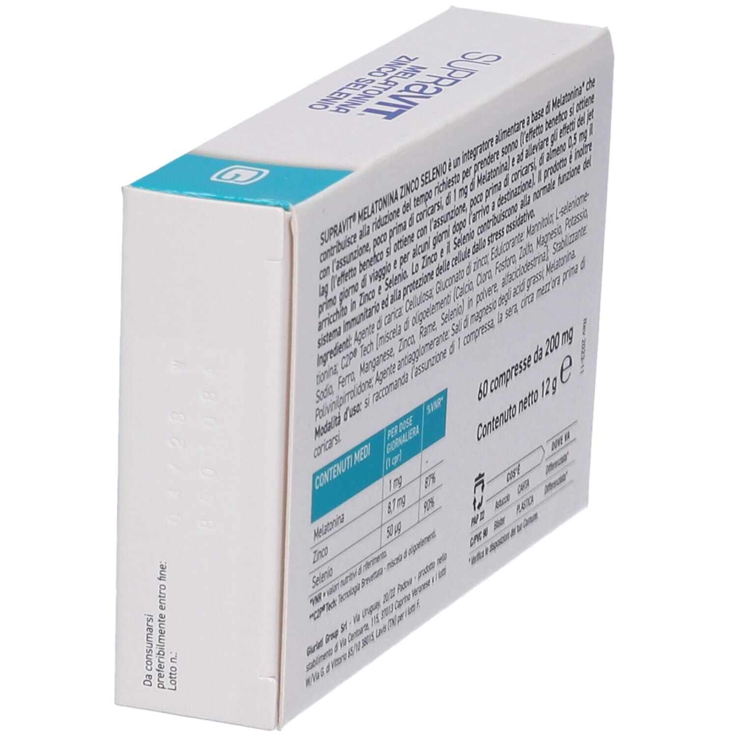 Scatola SUPRAVIT MELATONINA ZINCO SELENIO. Retro con testo e informazioni nutrizionali. 60 compresse.