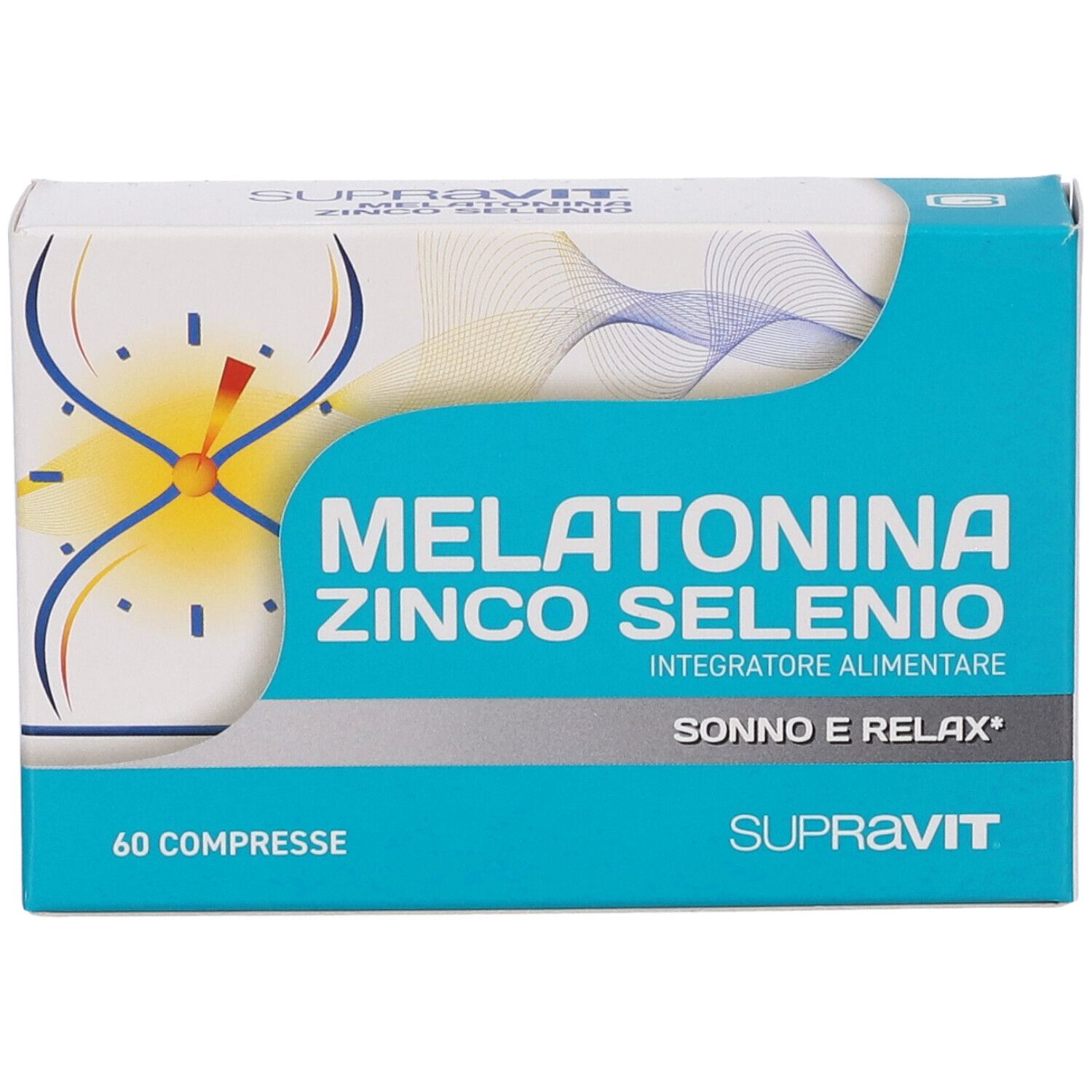 Scatola SUPRAVIT MELATONINA ZINCO SELENIO. Colori blu e bianco. 60 compresse. Testo: SONNO E RELAX. Logo.