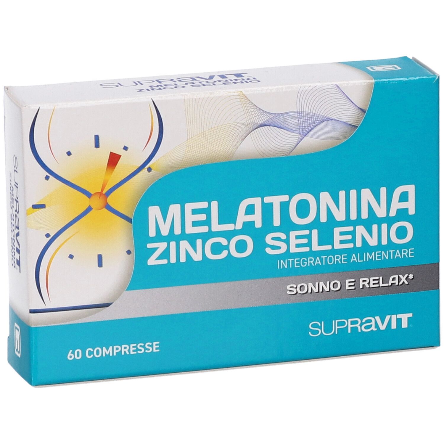 Scatola SUPRAVIT MELATONINA ZINCO SELENIO. Colori blu e bianco. 60 compresse. Testo: SONNO E RELAX. Logo.