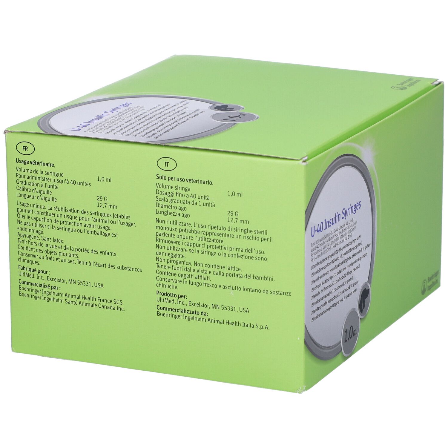 Siringhe per insulina U-40 Boehringer Ingelheim, 1.0ml, 120 pezzi, vista laterale.