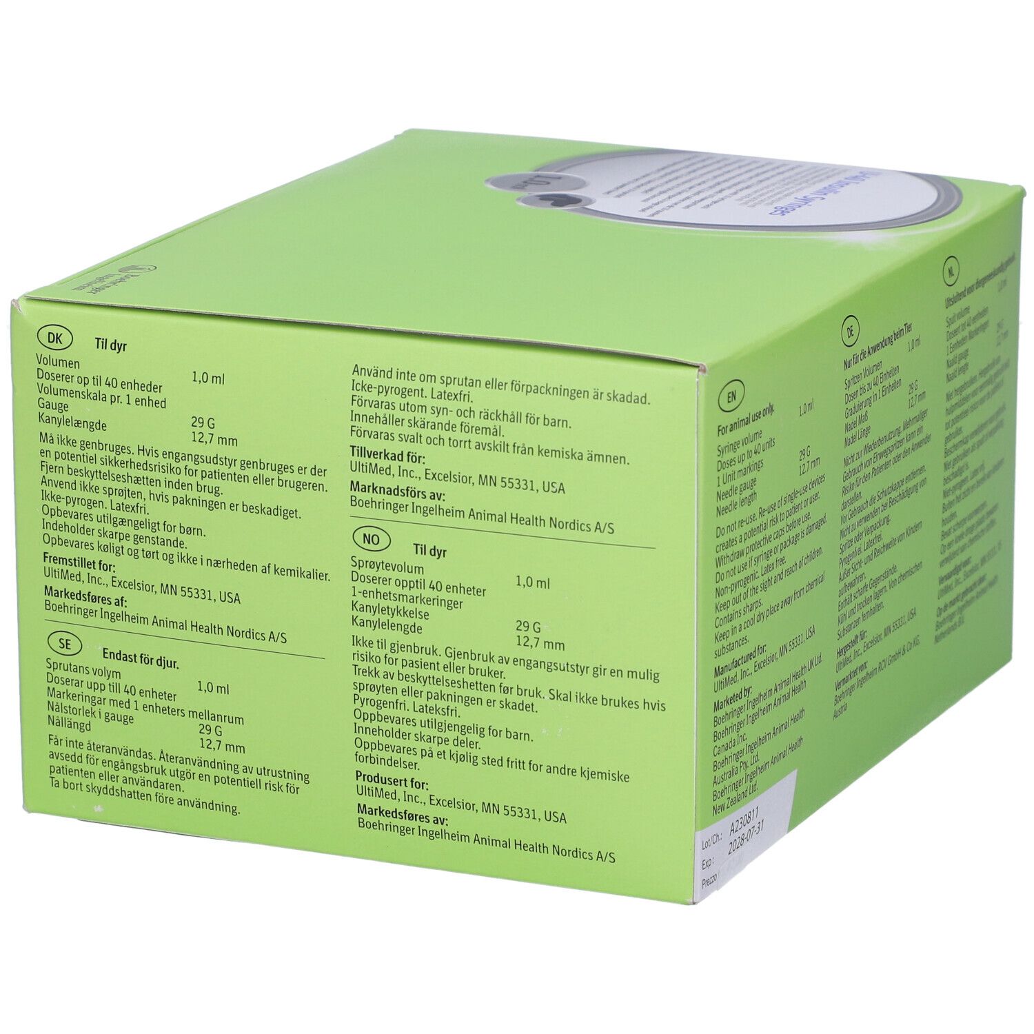 Siringhe per insulina U-40 Boehringer Ingelheim, 1.0ml, 120 pezzi, retro della scatola.