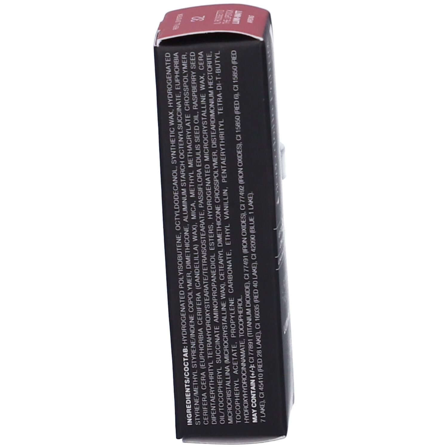 Vista laterale della confezione del rossetto nero. Contiene ingredienti. In alto: Wrong. Ingredienti stampati.