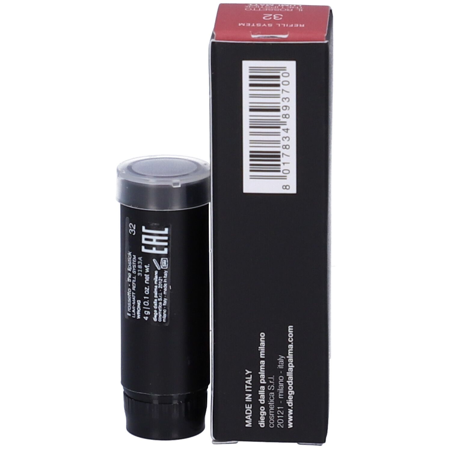 Rossetto nero e confezione. Sul rossetto: 32. Sulla confezione: Diego Dalla Palma, Made in Italy.