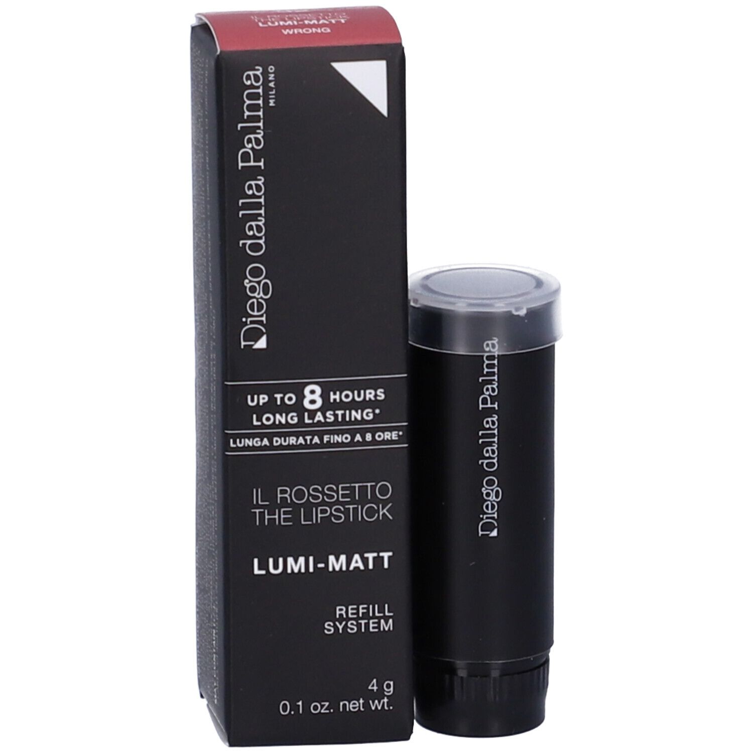 Rossetto nero e confezione. Sulla confezione: Diego Dalla Palma, Il Rossetto, Lumi-Matt, Refill System.