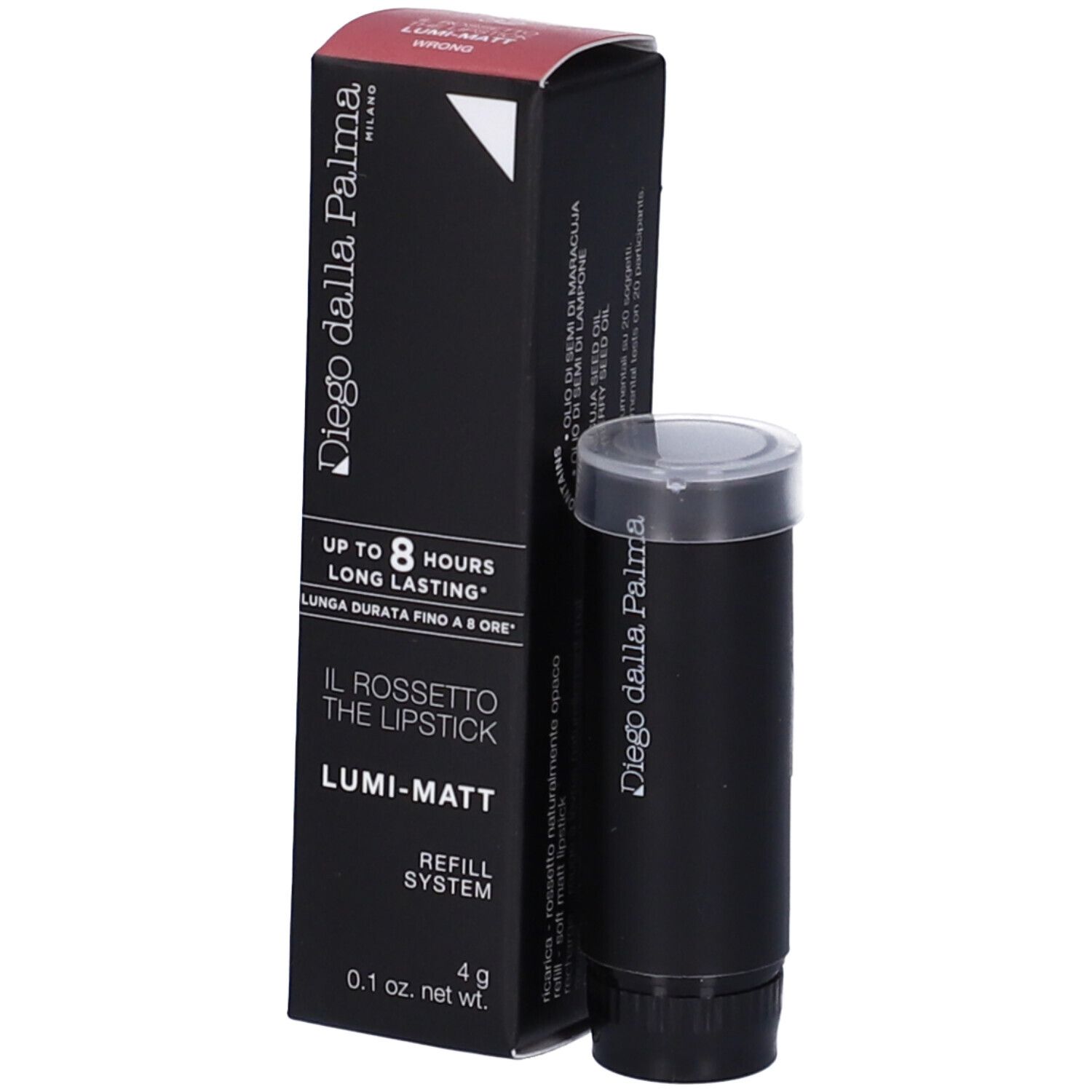Rossetto nero e confezione. Sulla confezione: Diego Dalla Palma, Il Rossetto, Lumi-Matt, Refill System.