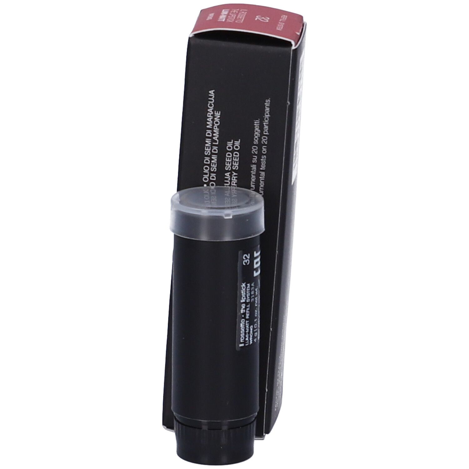 Rossetto nero e confezione. Sul rossetto: 32. Sulla confezione: Il Rossetto, the lipstick.