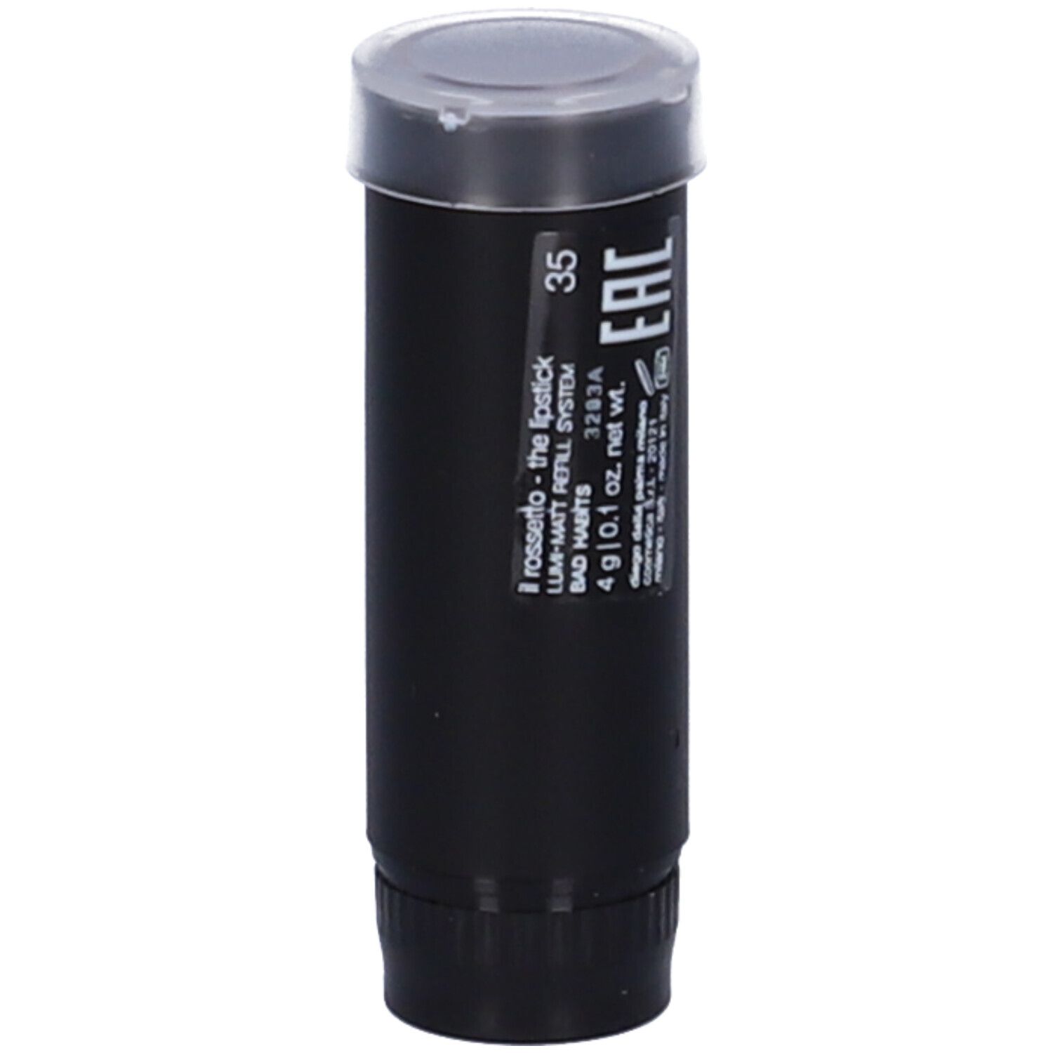 Ricarica rossetto nera con coperchio trasparente. Adesivo con testo, numero 35 e simbolo EAC.