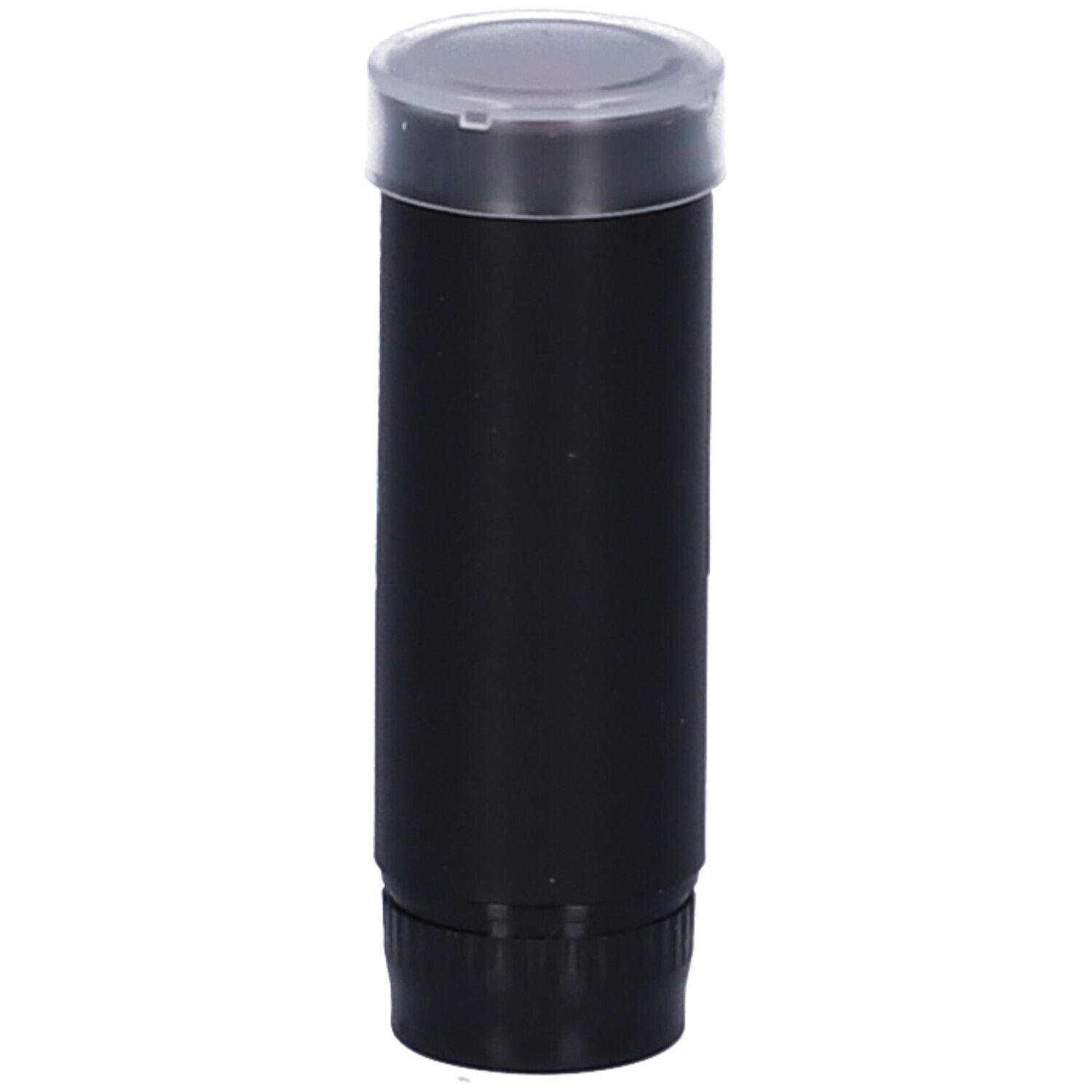 Ricarica rossetto nera con coperchio trasparente. Nessuna scritta visibile.