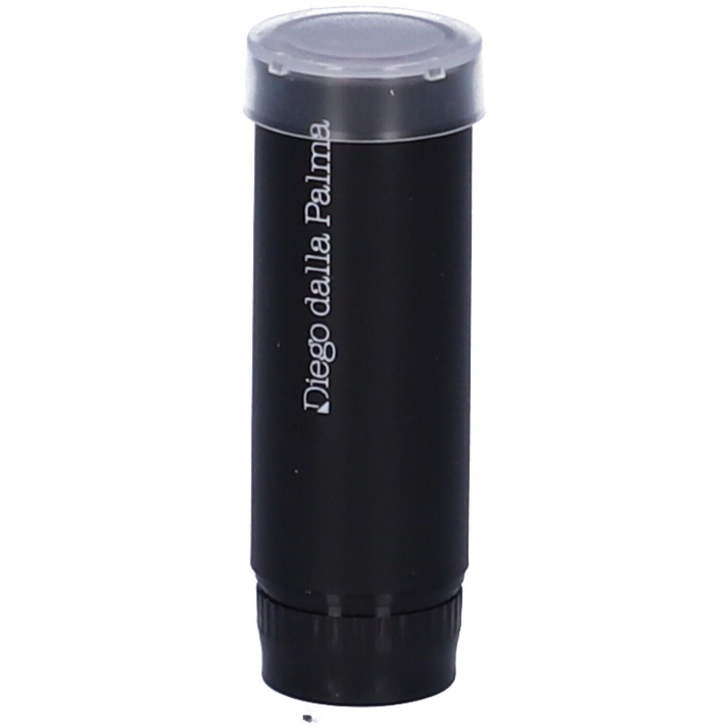 Ricarica rossetto nera con coperchio trasparente. Scritta "Diego dalla Palma".
