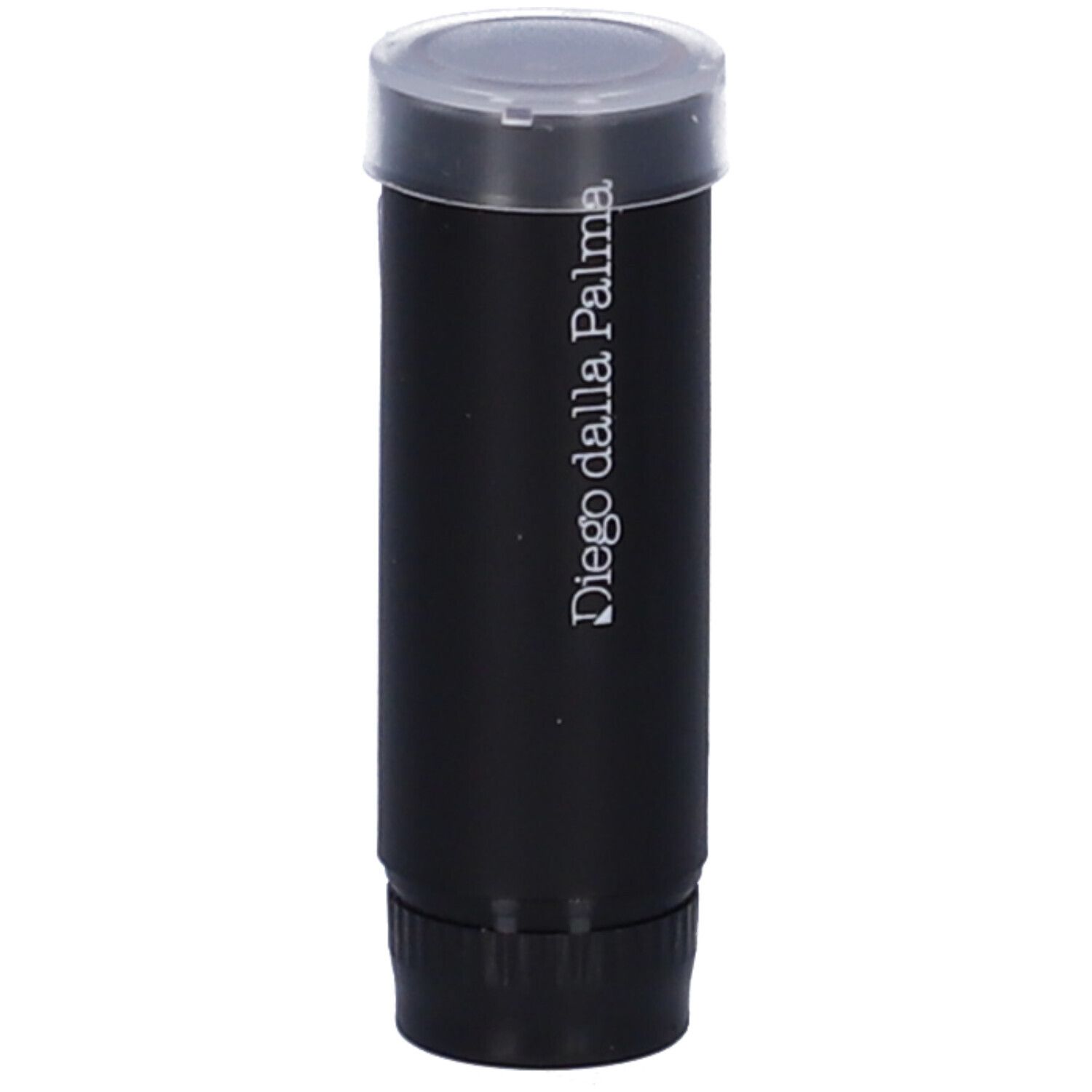 Ricarica rossetto nera con coperchio trasparente. Scritta "Diego dalla Palma".