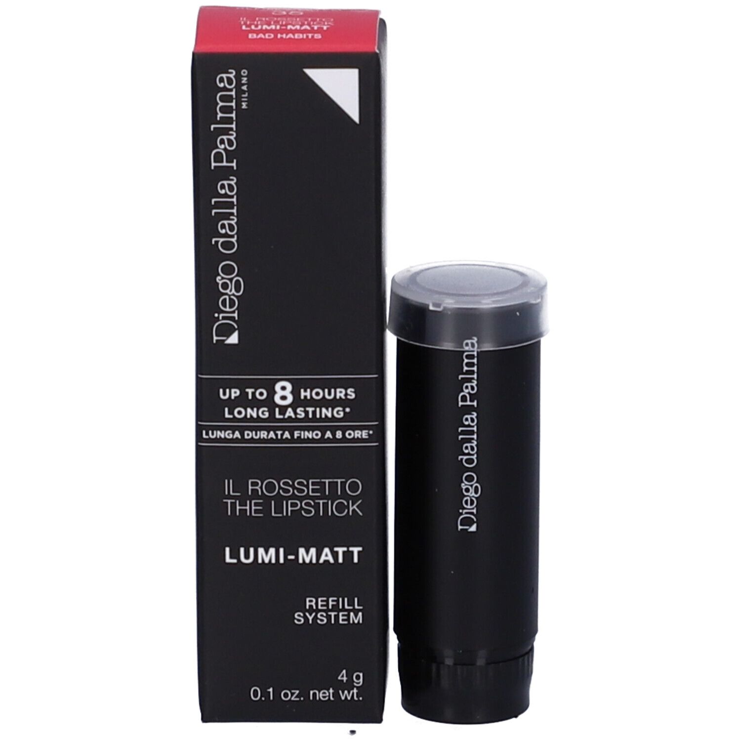 Ricarica rossetto nera e confezione. Confezione con testo e logo. Nome del prodotto visibile.