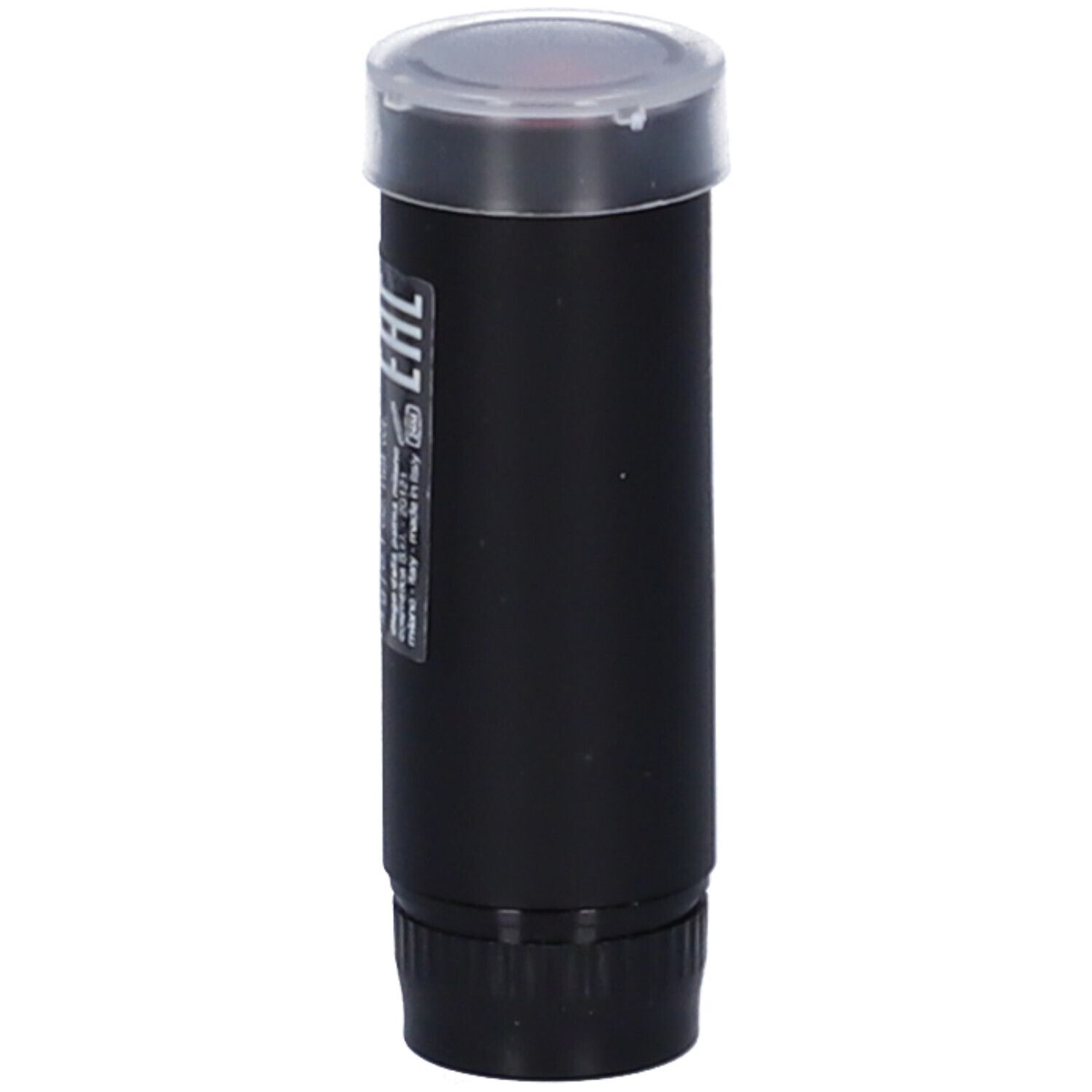 Ricarica rossetto nera con coperchio trasparente. Testo sul retro.