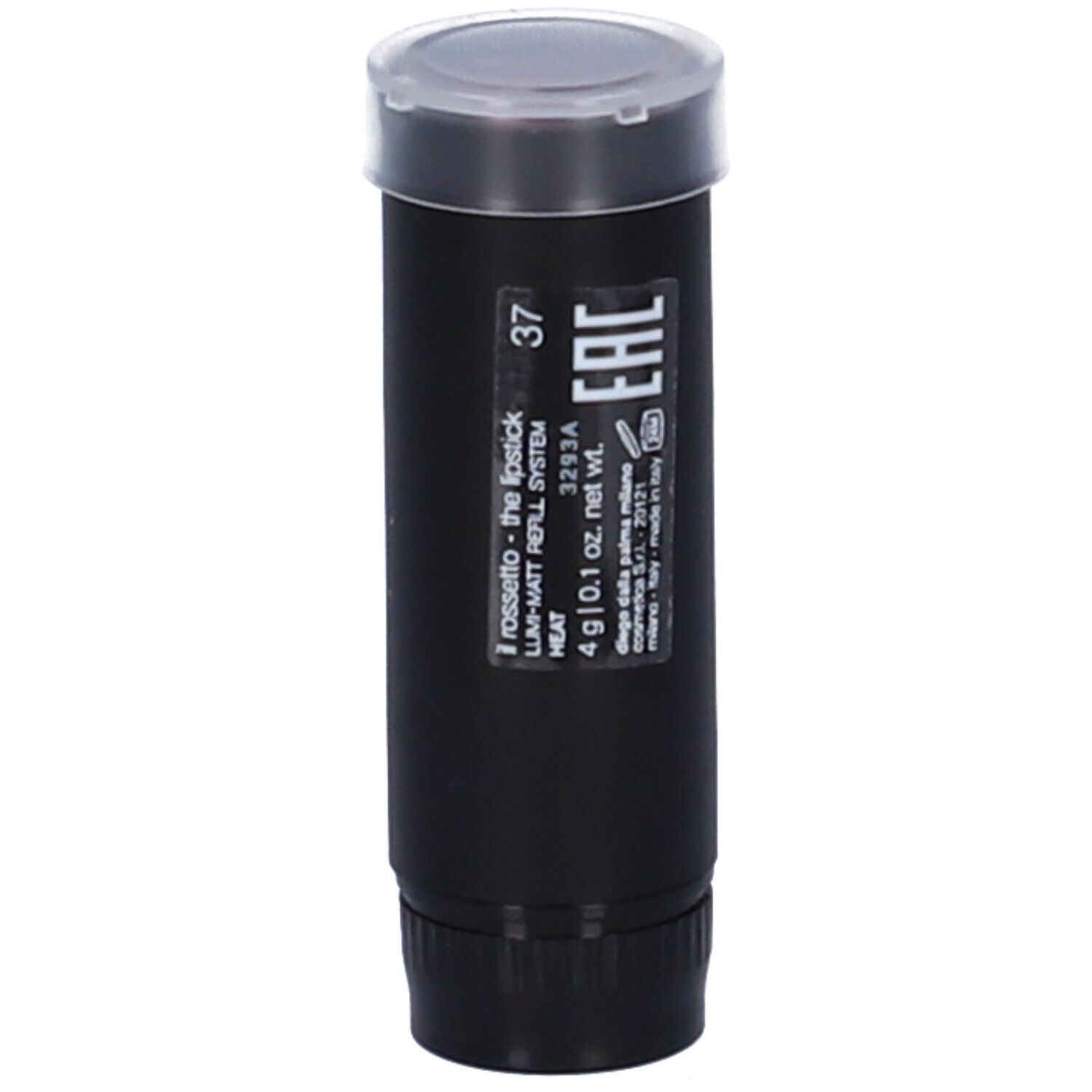 Ricarica rossetto nera con coperchio trasparente. Scritta: 37, Lumi-Matt, Heat.