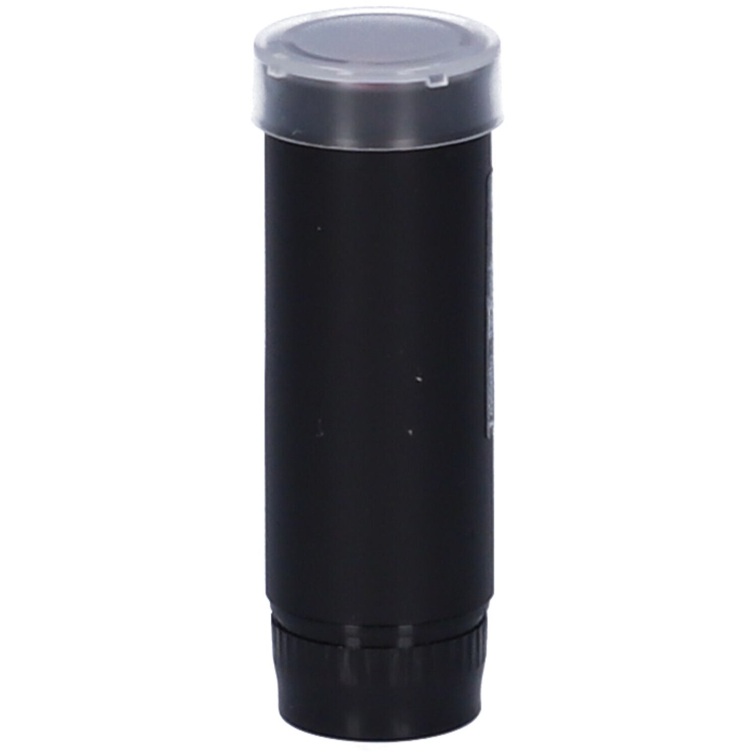 Ricarica rossetto nera con coperchio trasparente.